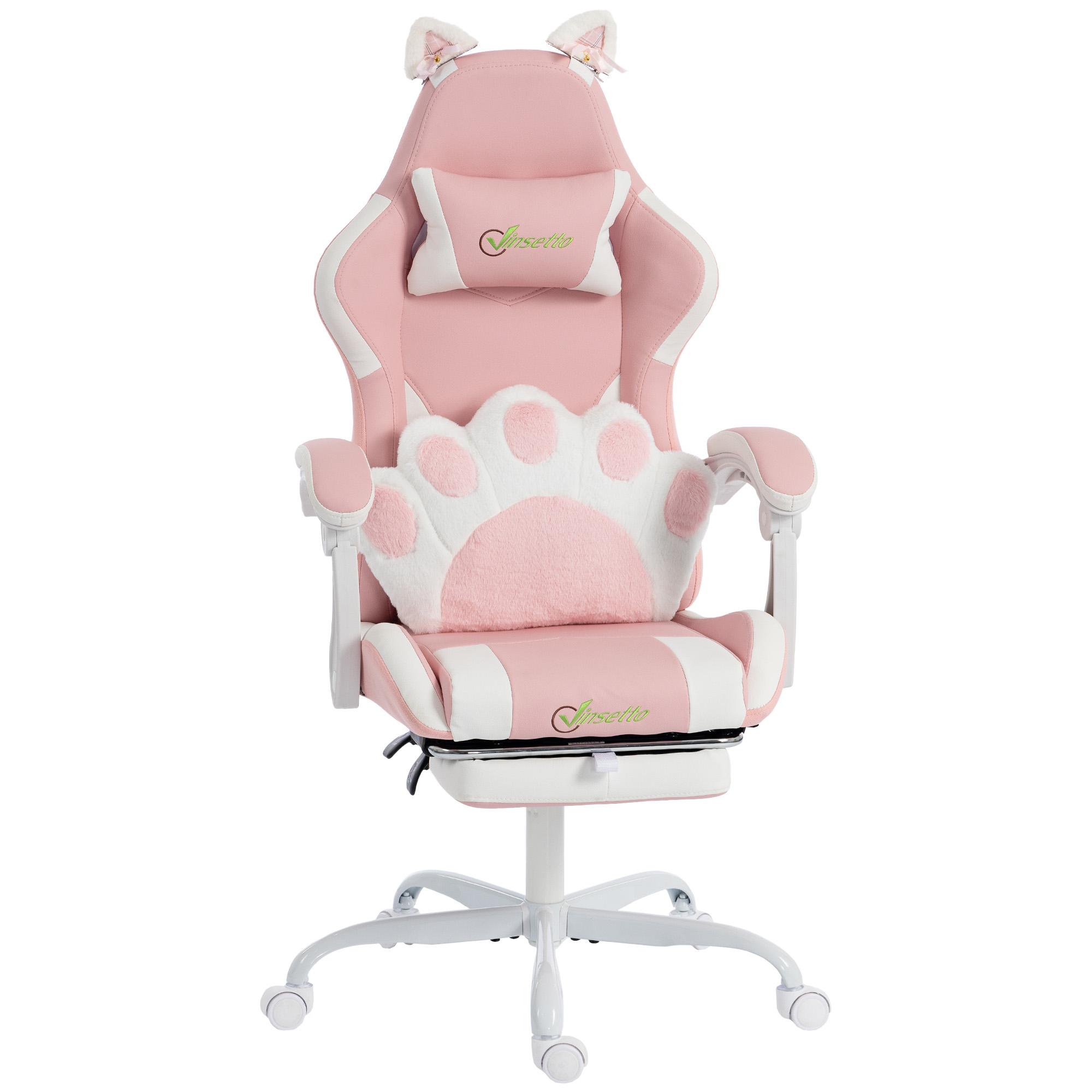 Vinsetto Gaming Stuhl Bürostuhl Ergonomischer Gamer Stuhl mit Fußstütze, Kopfstütze und Lendenwirbelstütze, Höhenverstellbar PC Stuhl mit Hoher Rückenlehne, Katzenohren Computerstuhl Kunstleder, Rosa Aosom