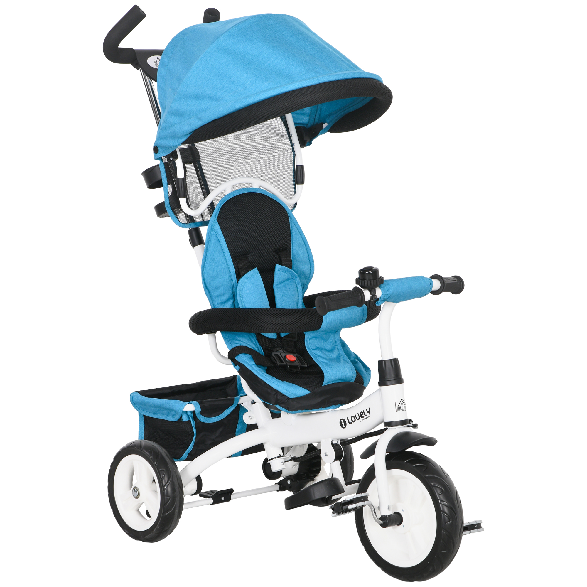 HOMCOM 6-in-1 Dreirad mit Schubstange, Kinderdreirad mit abnehmbarem Sonnendach, Laufrad mit 5-Punkt-Sicherheitsgurt, Korb, Getränkehalter, für 1-5 Jahre Kinder, Blau Aosom