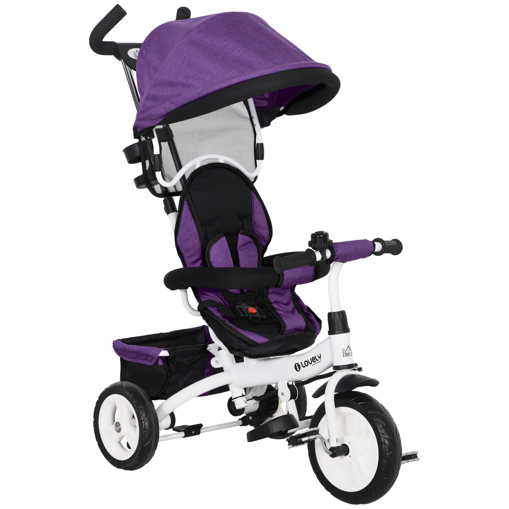 HOMCOM 6-in-1 Dreirad mit Schubstange, Kinderdreirad mit abnehmbarem Sonnendach, Laufrad mit 5-Punkt-Sicherheitsgurt, Korb, Getränkehalter, für 1-5 Jahre Kinder, Violett   Aosom
