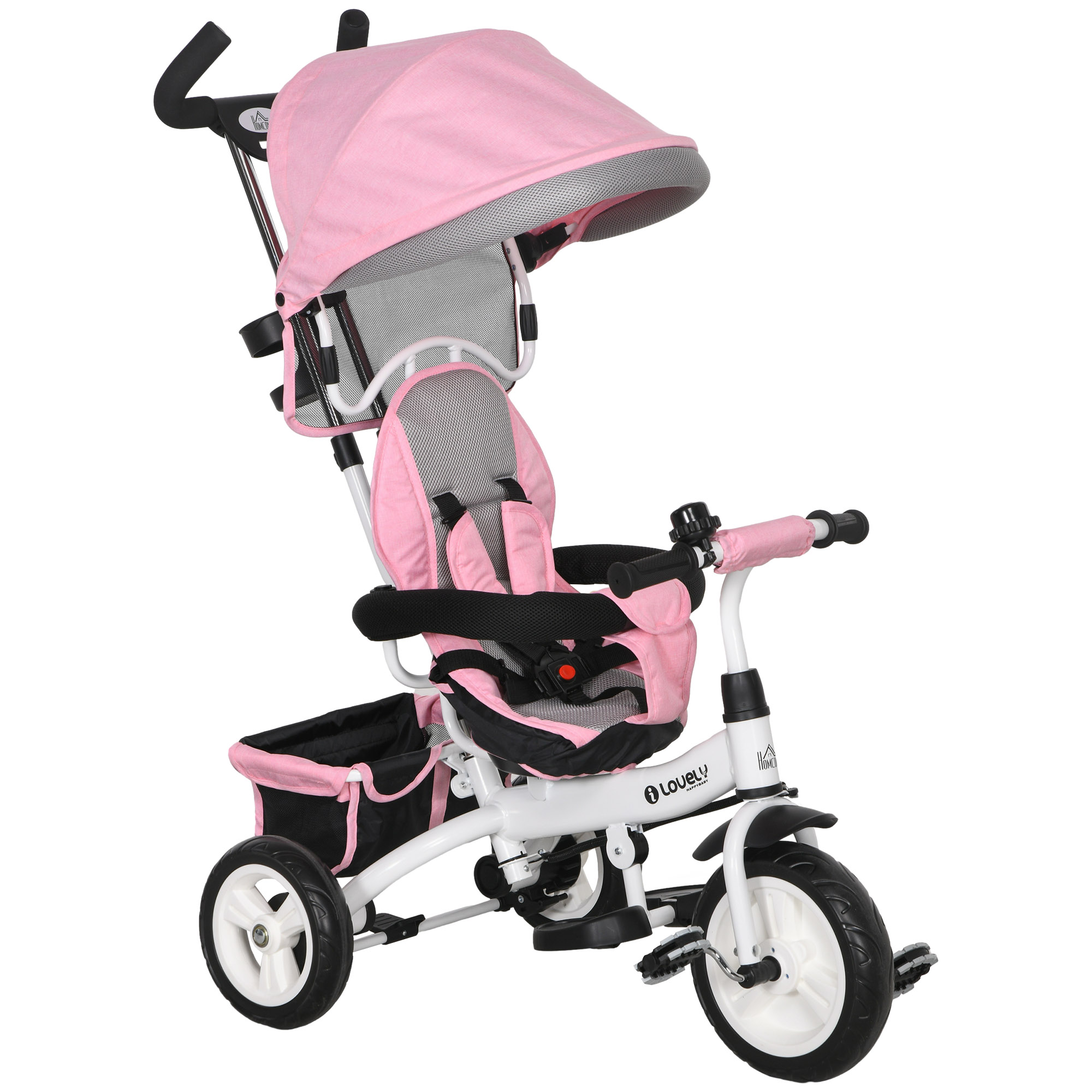 HOMCOM 6-in-1 Dreirad mit Schubstange, Kinderdreirad mit abnehmbarem Sonnendach, Laufrad mit 5-Punkt-Sicherheitsgurt, Korb, Getränkehalter, für 1-5 Jahre Kinder, Rosa   Aosom