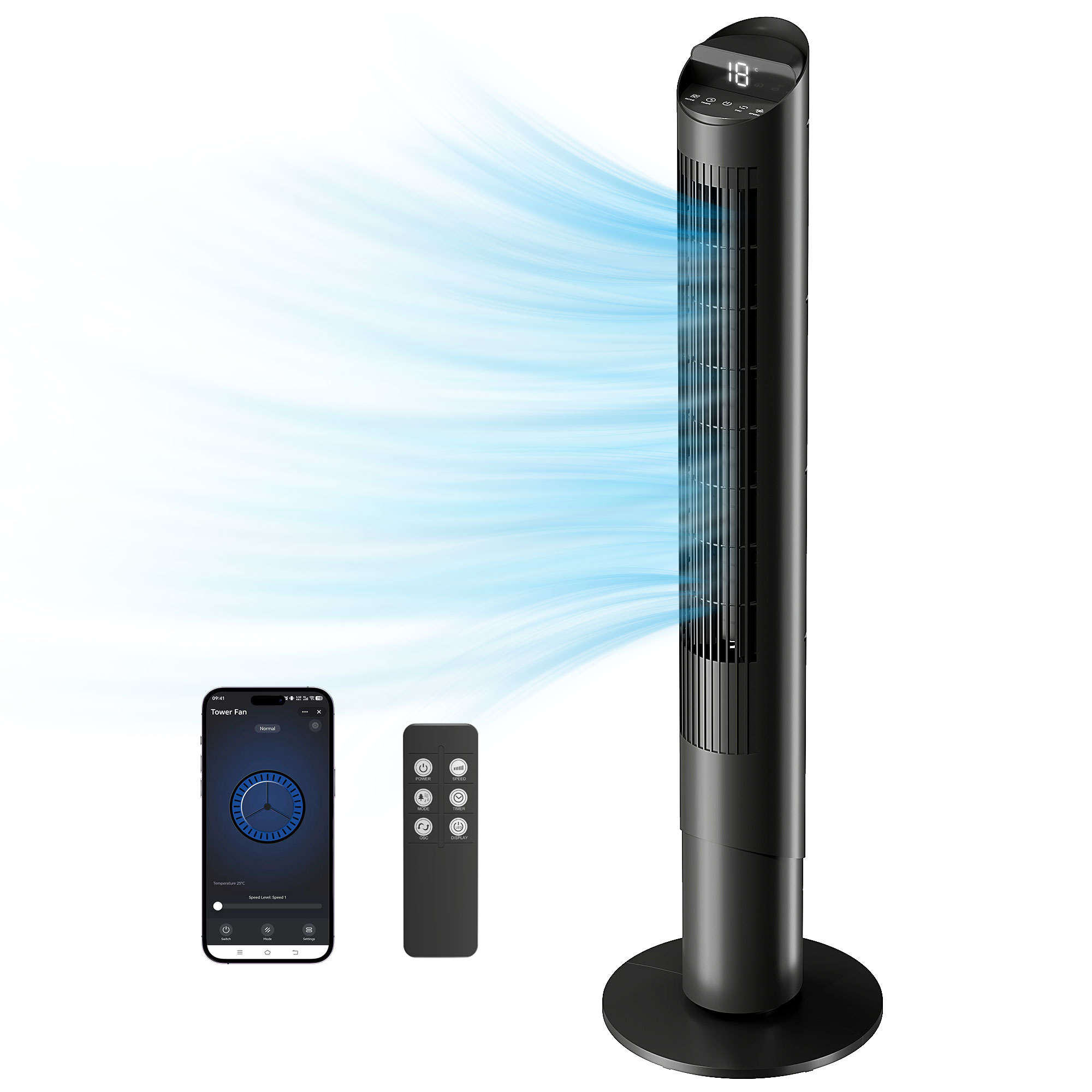 HOMCOM 116 cm Turmventilator, Fernbedienung, WiFi-App, 65° Oszillation, 6 Geschwindigkeiten, 4 Modi, 12-Stunden-Timer, LED-Anzeige, Schwarz.   Aosom