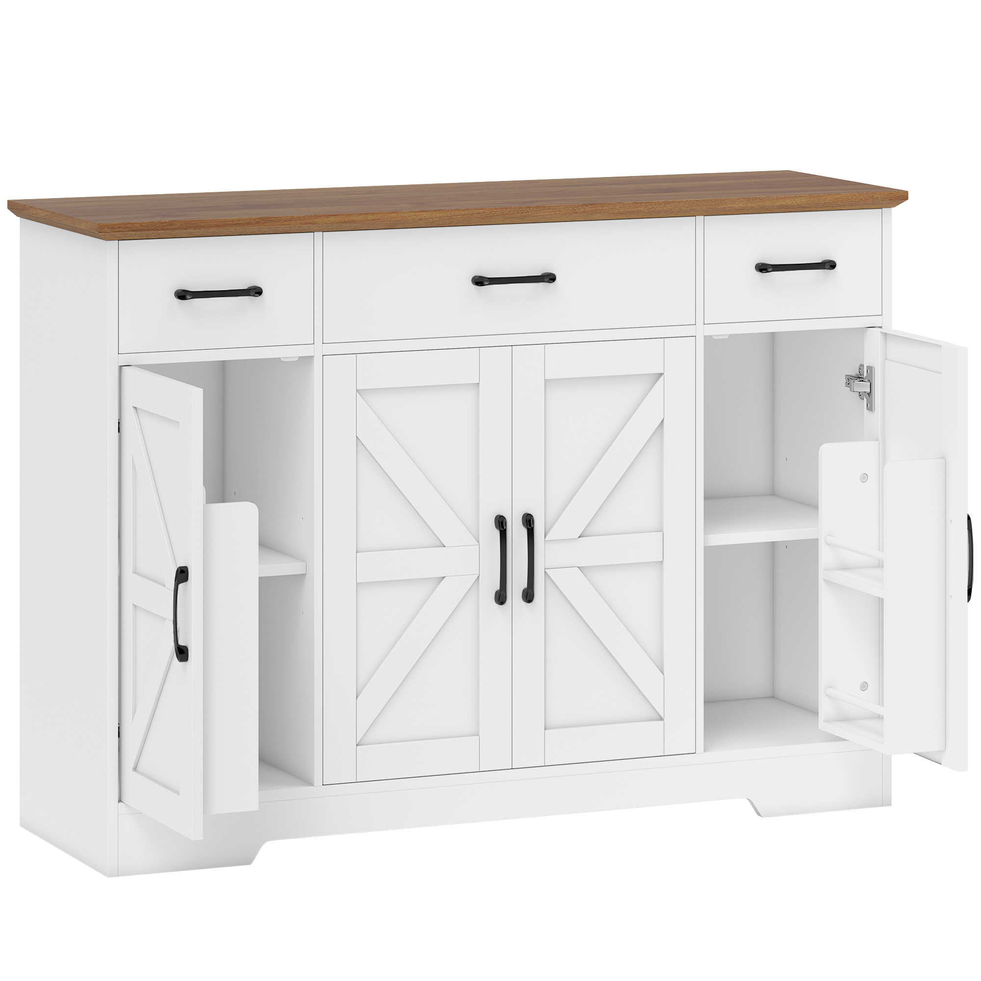 HOMCOM Küchenanrichte, Küchenmöbel mit Soft-Close-Türen, 3 Schubladen, 3 verstellbare Einlegeböden, Gewürzregal, rustikaler Stil, Buffetmöbel für Wohnzimmer, Esszimmer, Weiß Aosom