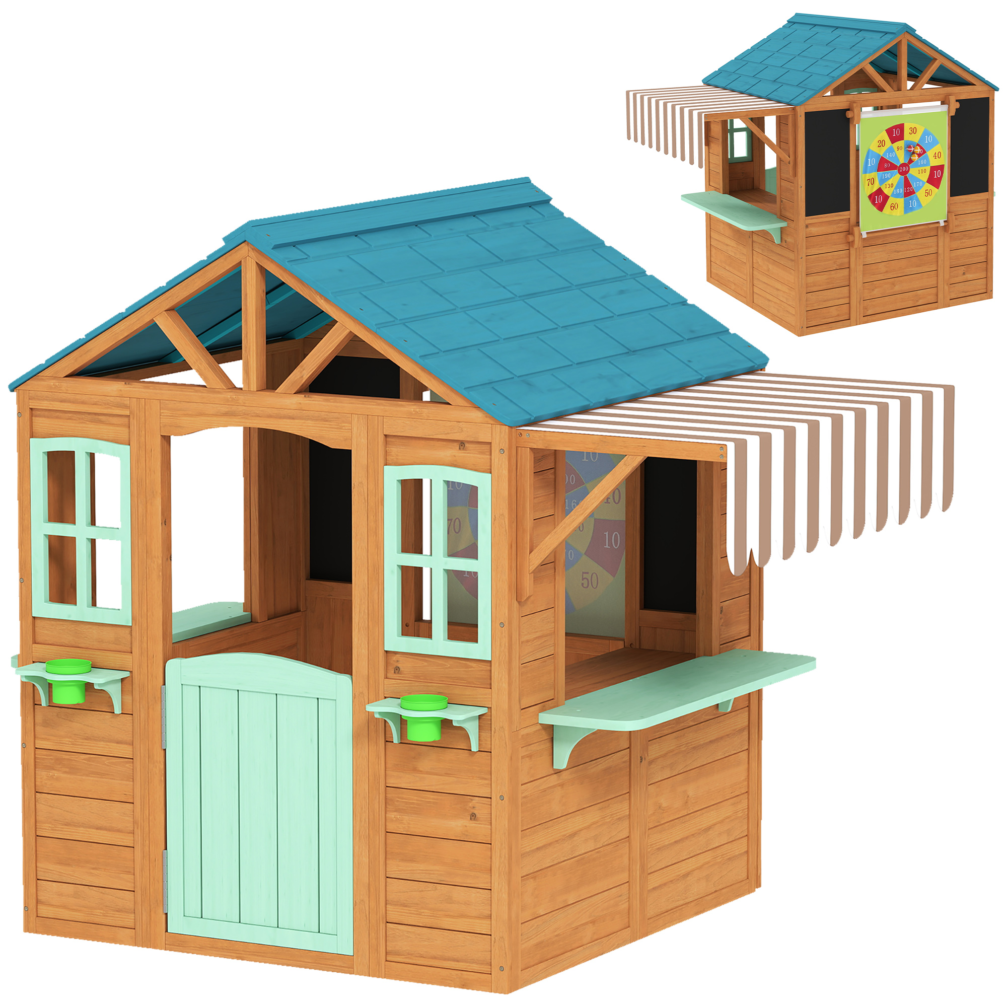 AIYAPLAY Kinderspielhaus aus Holz Spielhaus Outdoor mit Verkaufstheke Pflanzenkasten Kreidetafel Zieltuch 4 Ball Fenster Tür Gartenhaus für Kinder von 3-6 Jahren 142 x 120 x 141,5 cm Mehrfarbig Aosom