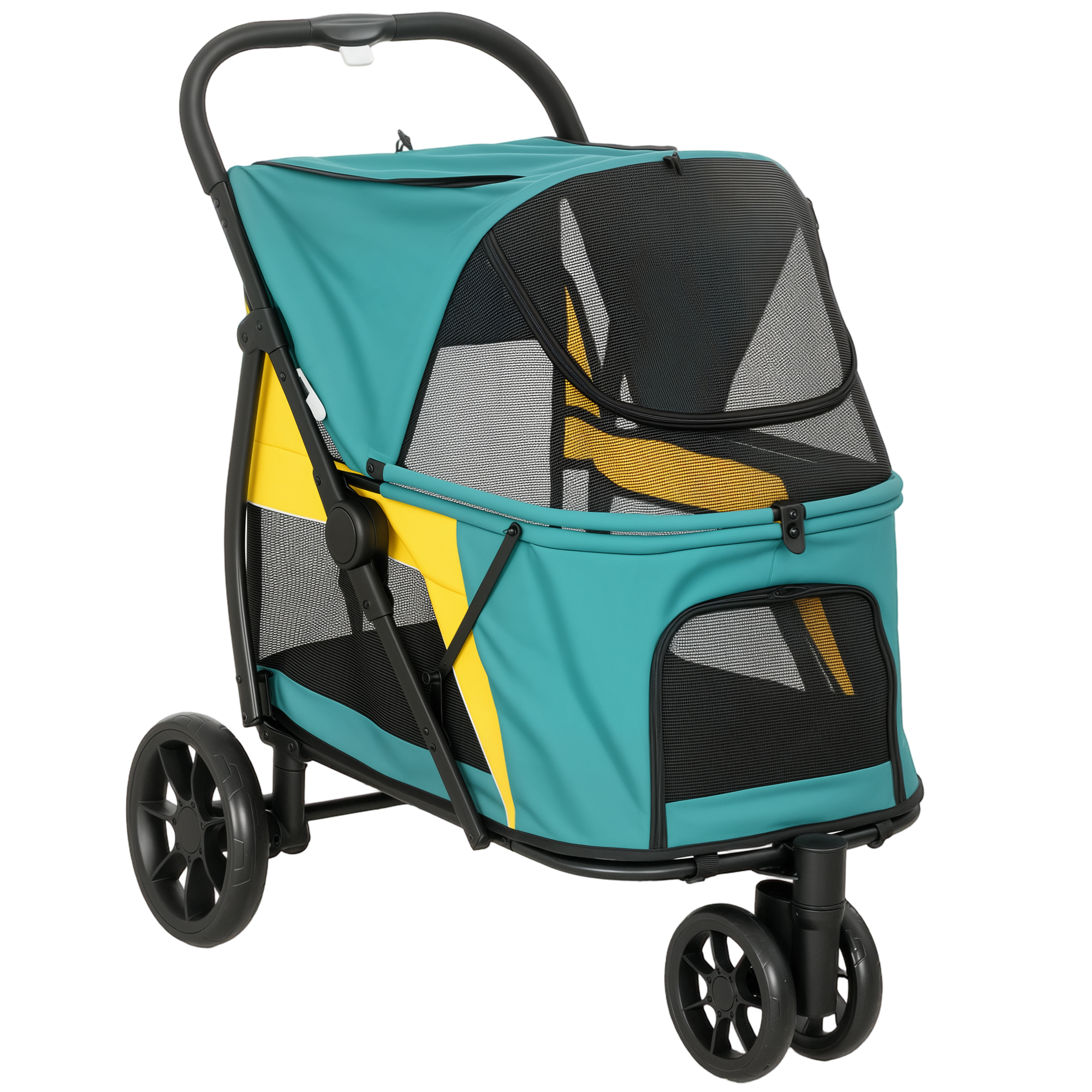 PawHut Hundewagen Hundebuggy Faltbar Katzenwagen bis 20kg mit Kissen, Netzfenstern, Rückentasche, 360° drehbare Räder mit Bremse, Tür, Haustierbuggy für mittelgroße Hunde, Dunkelgrün Aosom