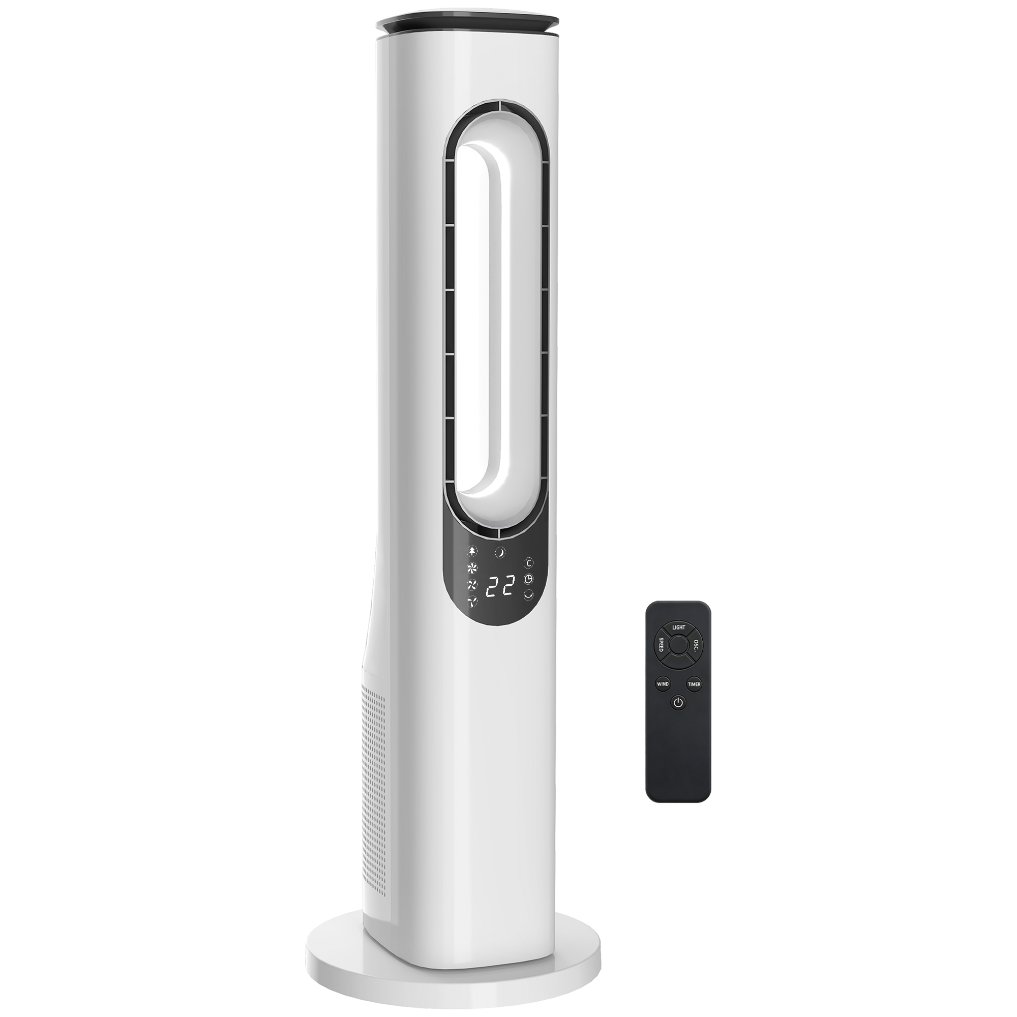 HOMCOM Rotorloser Turmventilator für Schlafzimmer, 35 dB leiser Standventilator mit 50° Oszillation, LED-Leuchten, 3 Geschwindigkeiten, 3 Modi, 15-Stunden-Timer, LED-Display und Fernbedienung, Weiß Aosom