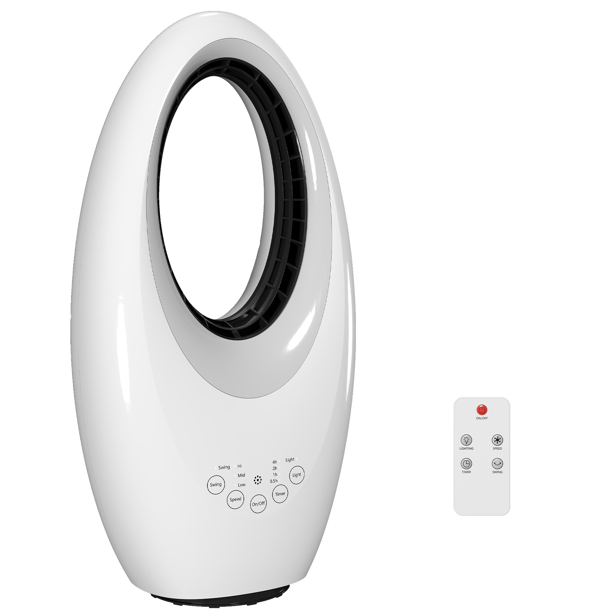 HOMCOM Turmventilator ohne Rotorblätter, leiser Ventilator mit 60° Oszillation, LED-Beleuchtung, 3 Geschwindigkeiten, 7,5-Stunden-Timer, Fernbedienung für Schlafzimmer, Weiß   Aosom
