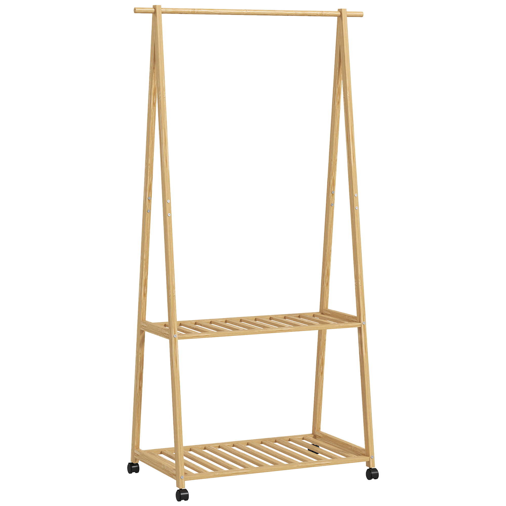 HOMCOM Garderobenständer mit Schuhregal, Kleiderständer mit 2 Haken, Rolle, Garderobe aus Bambus, für Flur, Wohnzimmer, Schlafzimmer, 84,5 x 43,5 x 158 cm Naturholz Aosom