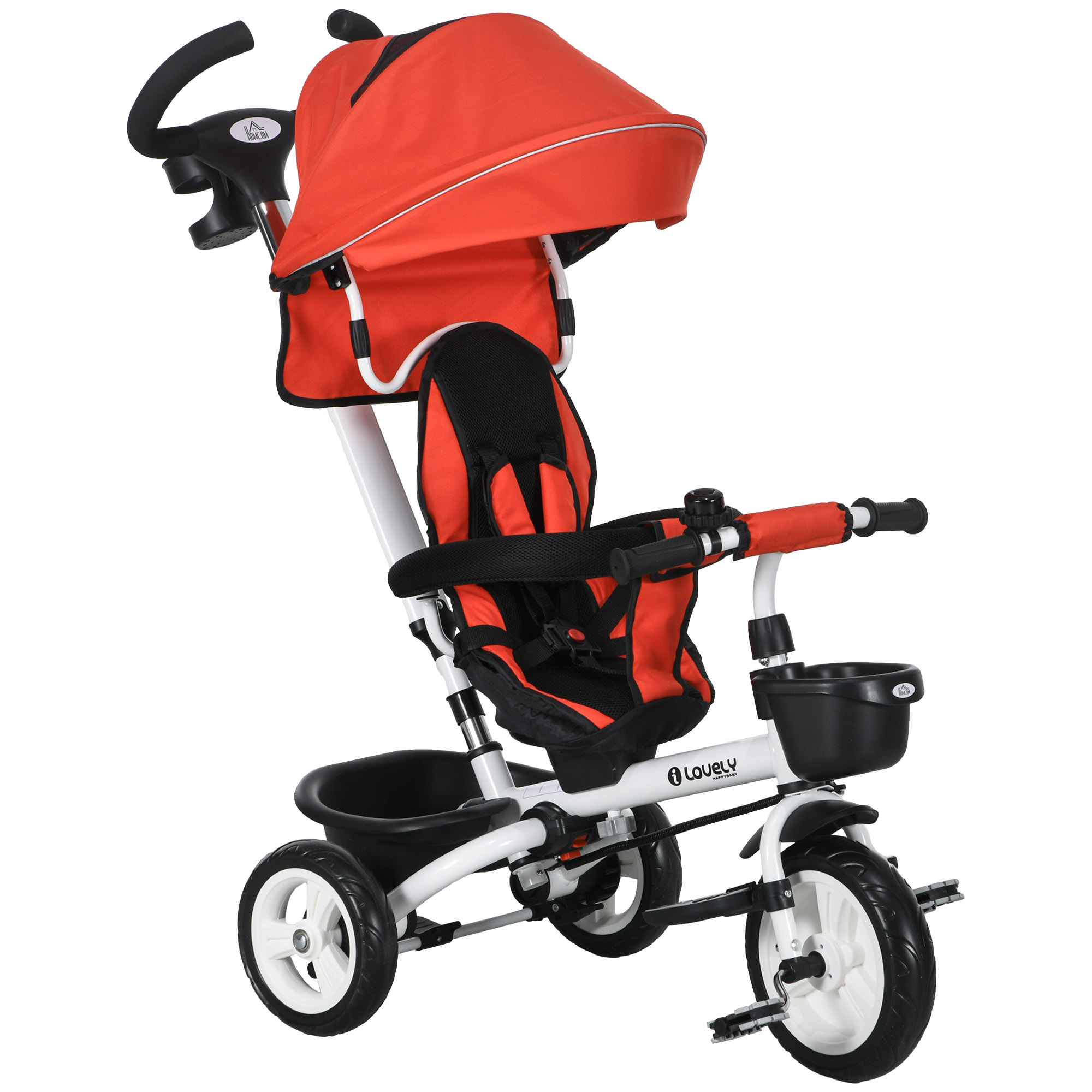 HOMCOM 6 in 1 Dreirad mit Schubstange, Kinderdreirad mit Sicherheitsgurt, Faltbar, Abnehmbar Sonnendach, Getränkehalter, Korb, Pedal, bis 25 kg, für 1-5 Jahre Kinder, Rot   Aosom