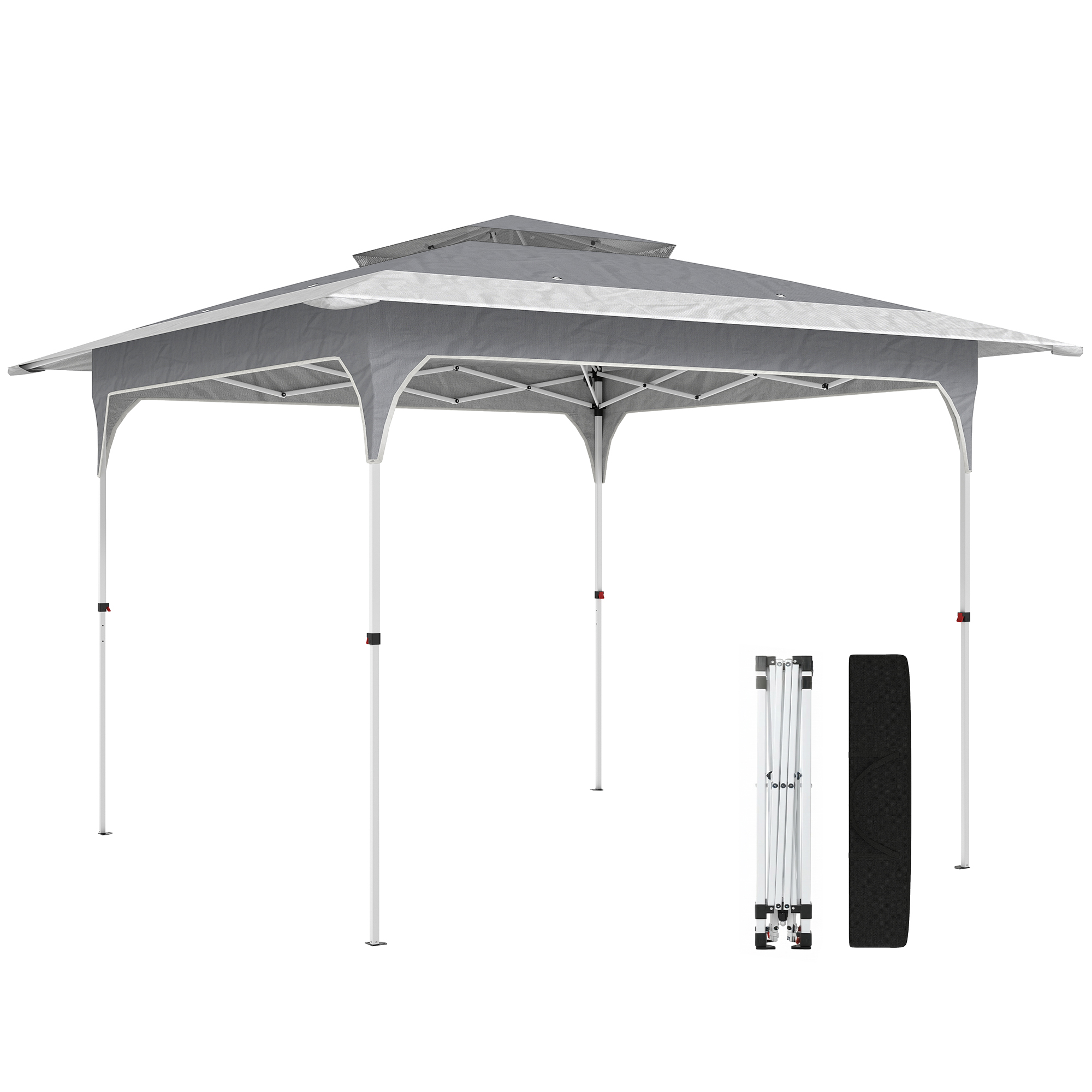 Outsunny Pavillon 3,5 x 3,5 m Wasserdicht Höhenverstellbar Pop-up Faltpavillon mit Ein-Knopf-Aufbau Doppeldach, UV 50+ Faltbar Partyzelt mit Tragetasche Gartenpavillon für Garten Festival Dunkelgrau   Aosom