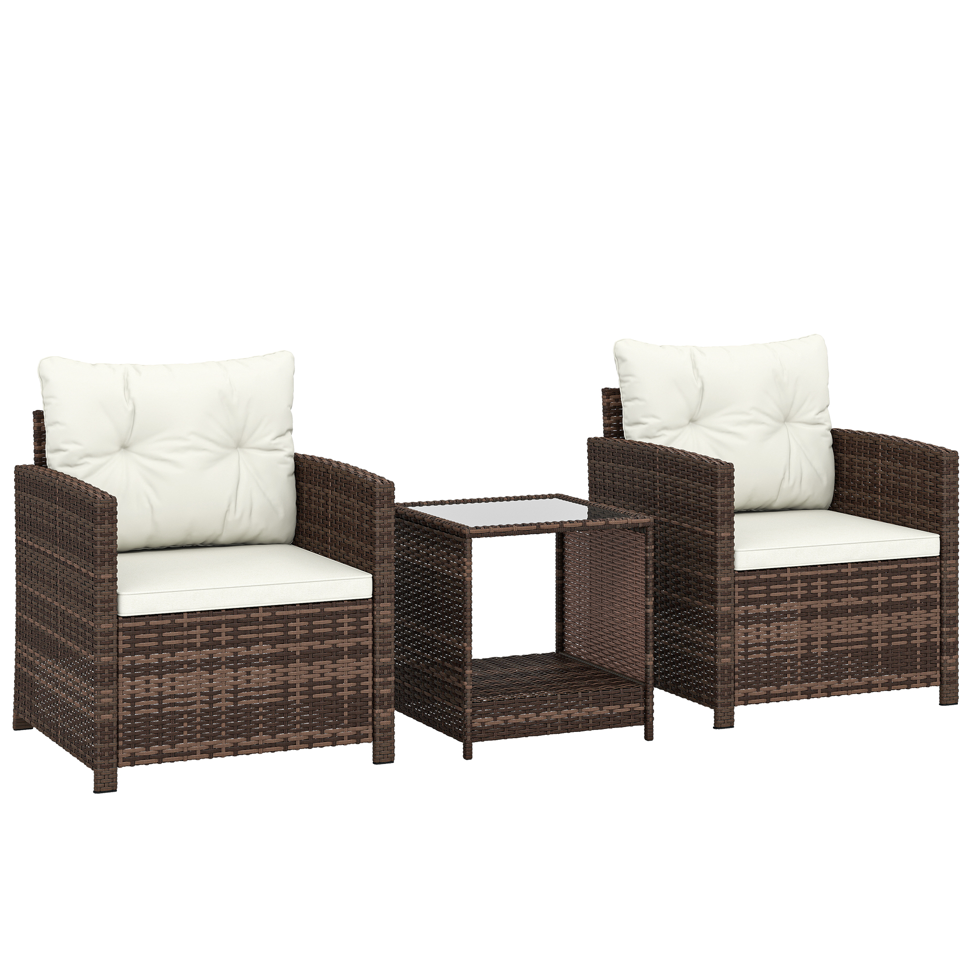 Outsunny Rattan Bistroset, 3 teiliges Gartenmöbel-Set mit 2 Sessel, 2-Ebene Glastisch, abnehmbar Sitzkissen, Balkonmöbel-Set Sitzgruppe Gartengarnitur für Garten, Terrasse, Cremeweiß Aosom