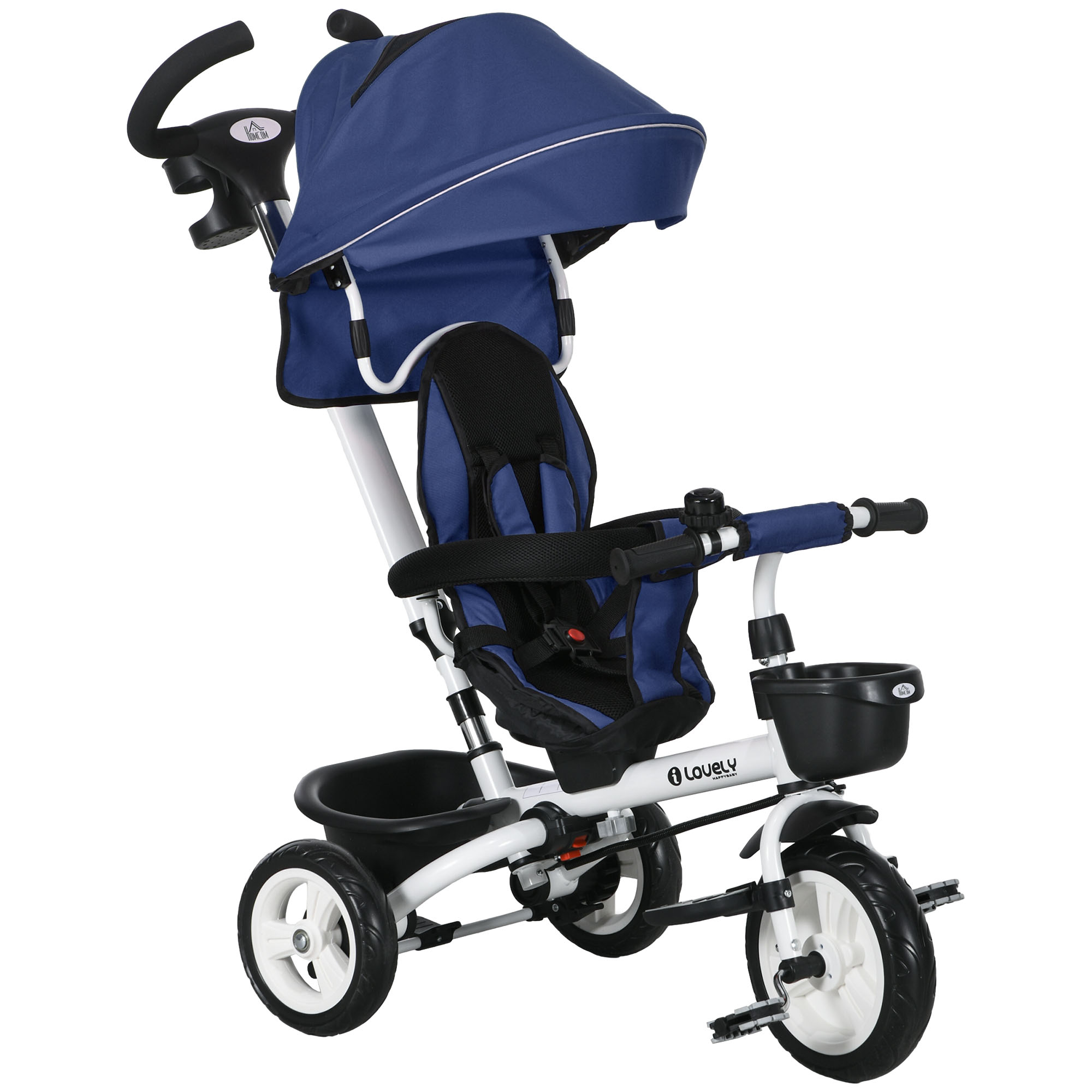 HOMCOM 6 in 1 Dreirad mit Schubstange bis 25 kg, faltbares Kinderdreirad mit Sicherheitsgurt, abnehmbares Sonnendach, Getränkehalter & Korb Aosom.de