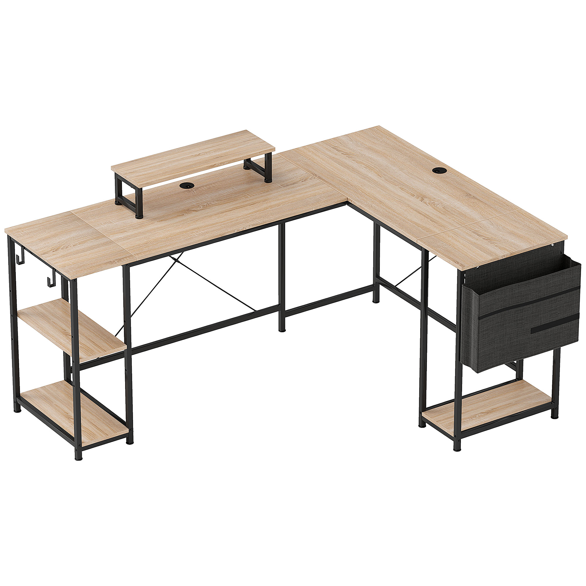 HOMCOM Schreibtisch L Form mit Regal, Computertisch mit Monitorständer & 2 Haken Umkehrbarer Gaming Tisch Eckschreibtisch für Büro, Schlafzimmer, 168 x 120 x 90 cm, Naturholz Aosom