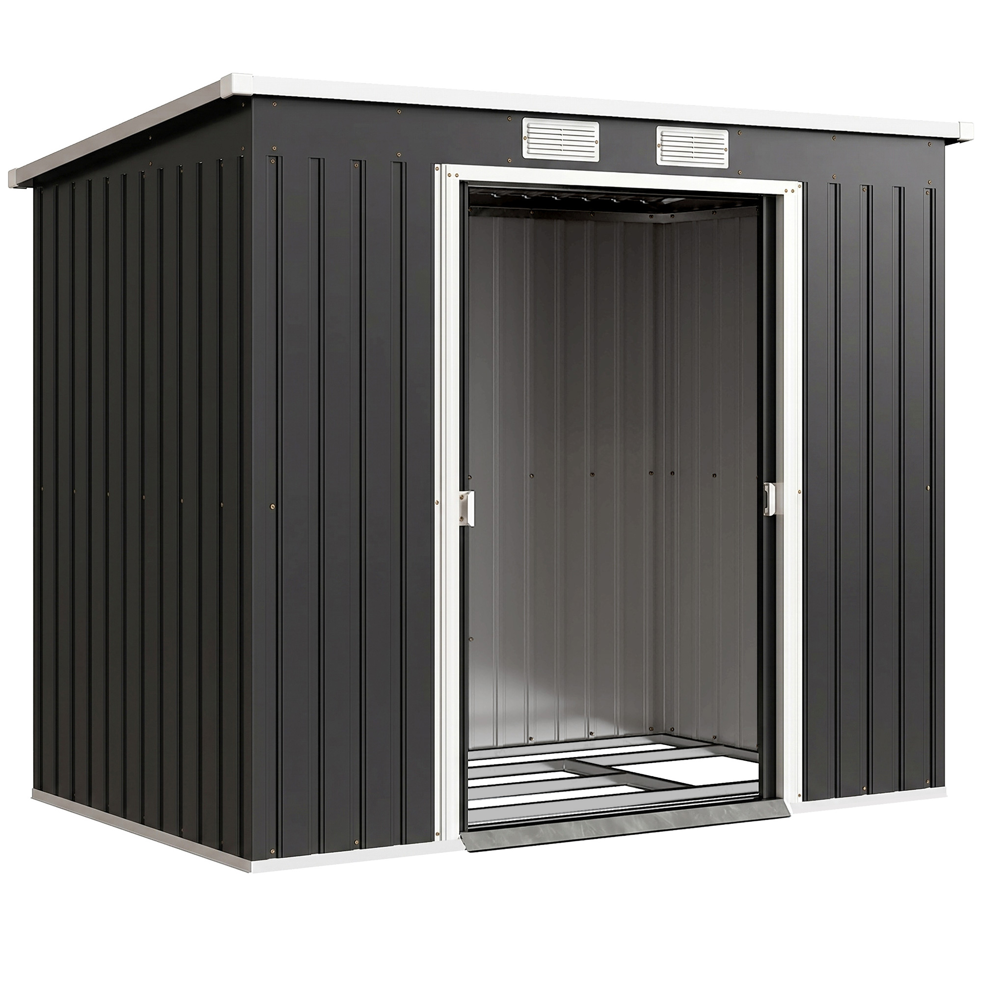 Outsunny Metall Gerätehaus 2,42 m², Geräteschuppen mit Pultdach Abschließbarer Doppelschiebetür Belüftung Bodenrahmen, 213 x 130 x 172 cm, wetterfest Outdoor Gartenhaus für Hinterhof Garten Dunkelgrau   Aosom