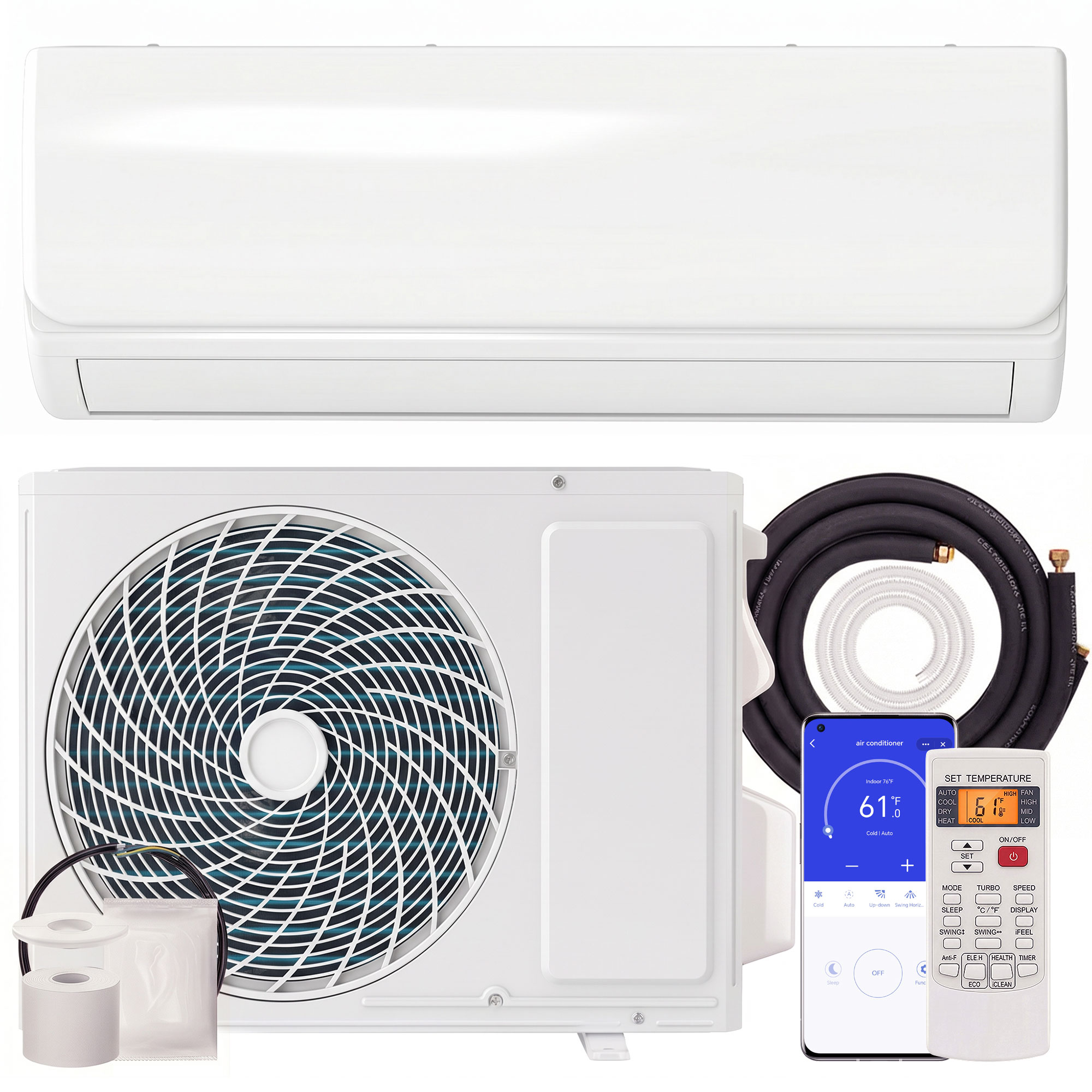 HOMCOM Split Klimaanlage 9000 BTU 2,6kW A++ Inverter Klimageräte Set mit Heizfunktion, WiFi/App-Steuerung, Selbstreinigung, Timer, Montagematerial, 3m Kupferleitung, Kältemittel R32 für bis zu 13m²   Aosom
