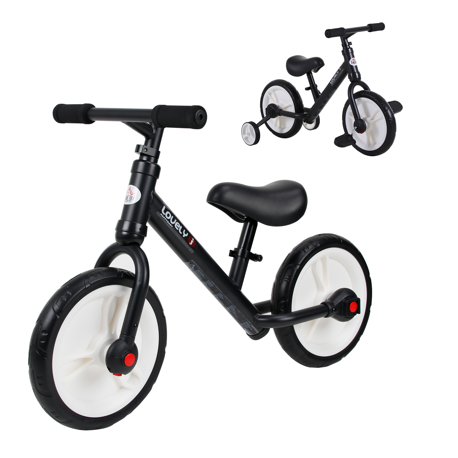 HOMCOM Kinderfahrrad Laufrad mit Stützrädern und Pedalen, höhenverstellbarer Sitz für 2-5 Jahre, PP, Schwarz Aosom.de