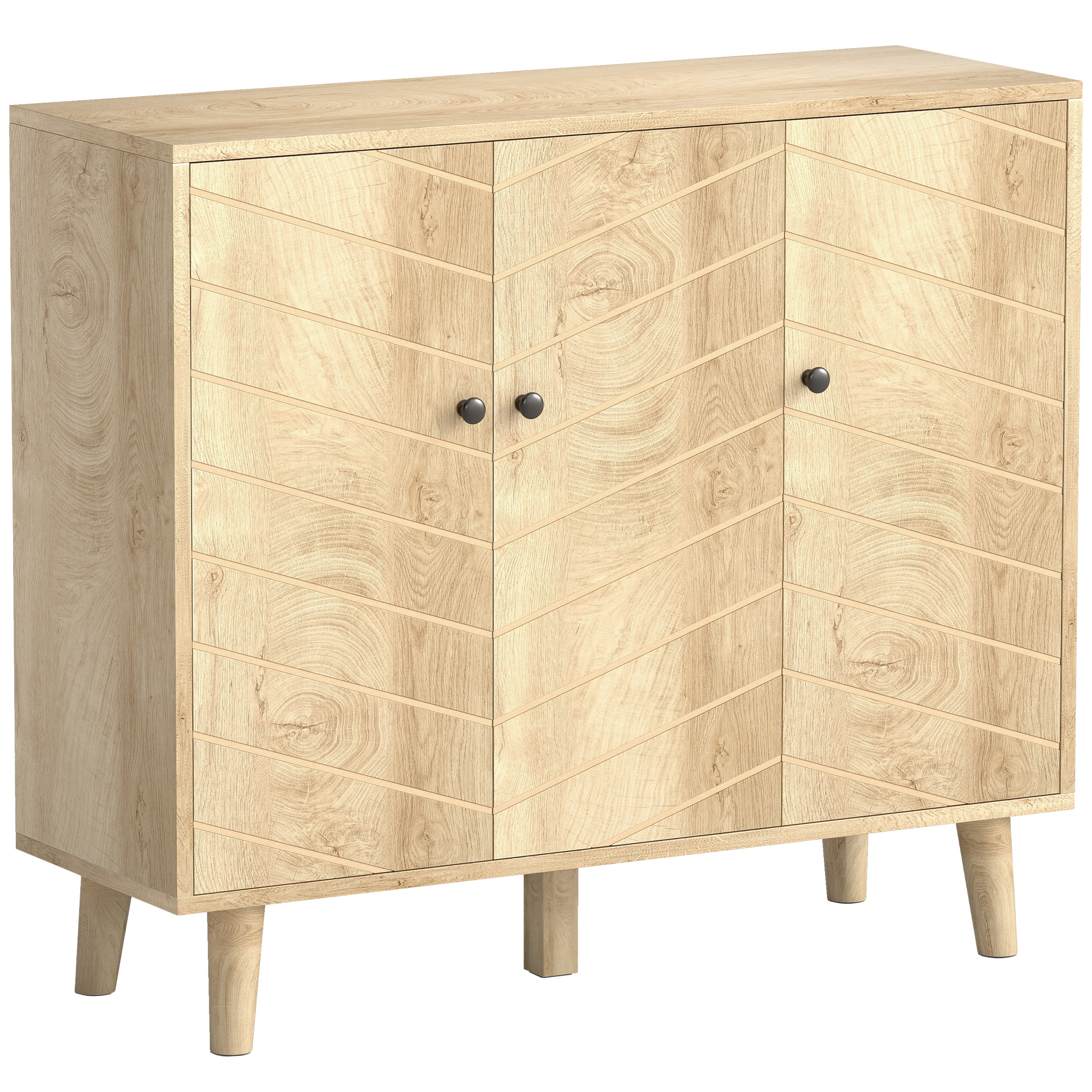HOMCOM Sideboard Küche, Aufbewahrungsmöbel mit 3 Türen im Chevron-Muster und Kiefernholzfüßen, Moderner Stil, Sideboard für Esszimmer, Wohnzimmer und Schlafzimmer, 88,3 x 30 x 76 cm, Natürliche Holzoptik Aosom