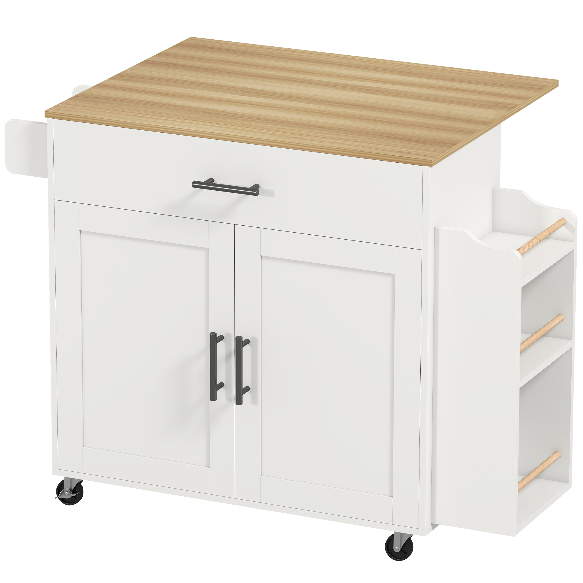 HOMCOM Kücheninsel Küchenwagen auf Rollen mit abklappbarer Arbeitsplatte, Küchenschrank mit Schublade Gewürzregal Ablage Handtuchhalter, Servierwagen Rollwagen für Küche und Esszimmer 120x68x85cm Weiß Aosom