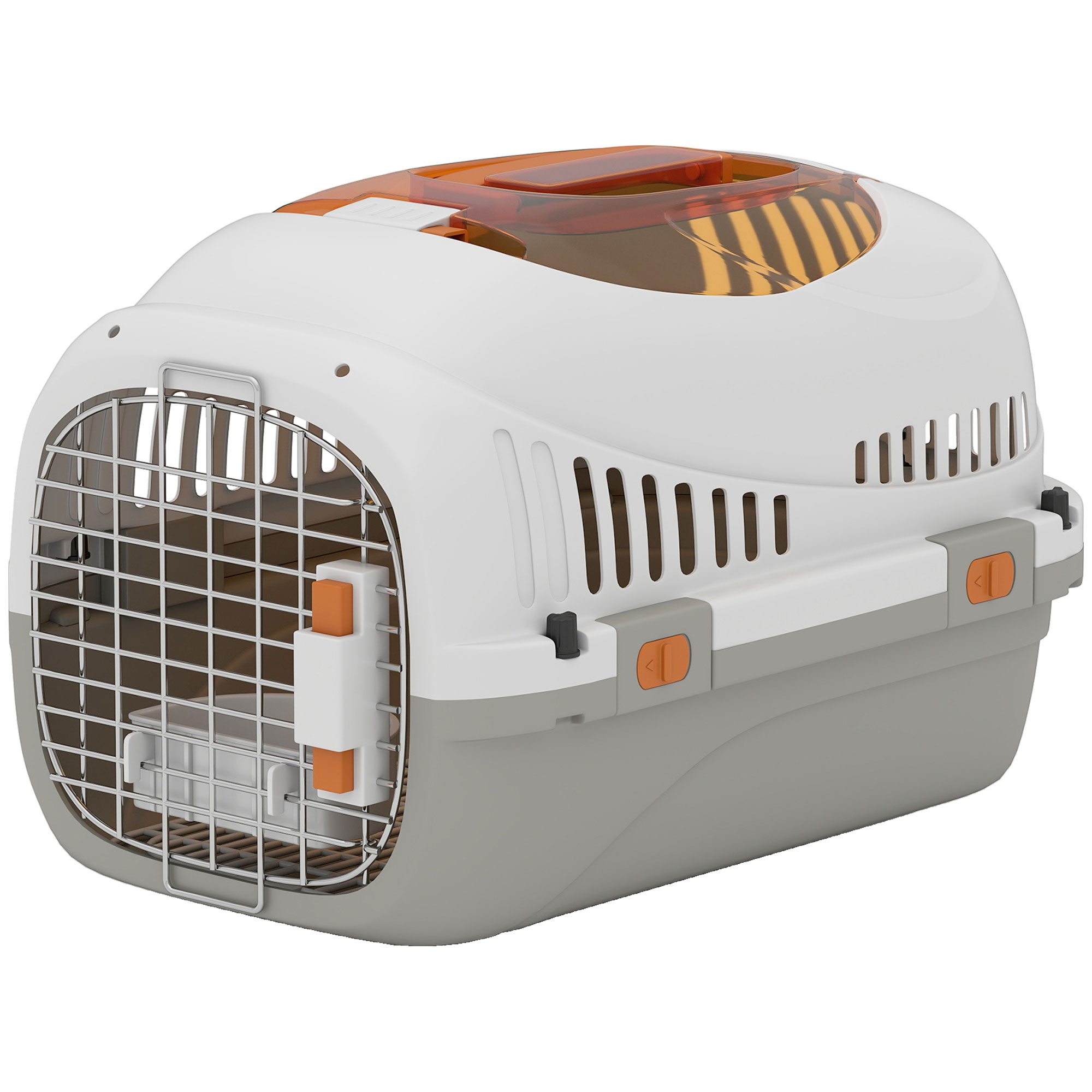 PawHut Transportbox Hundetransportbox für Katze Miniaturhunde bis 4kg 49x32x31cm Hundebox mit Dachöffnung Futternapf Sicherheitsverschluss Katzenbox aus Kunststoff mit Stahlgitter Hellgrau Aosom