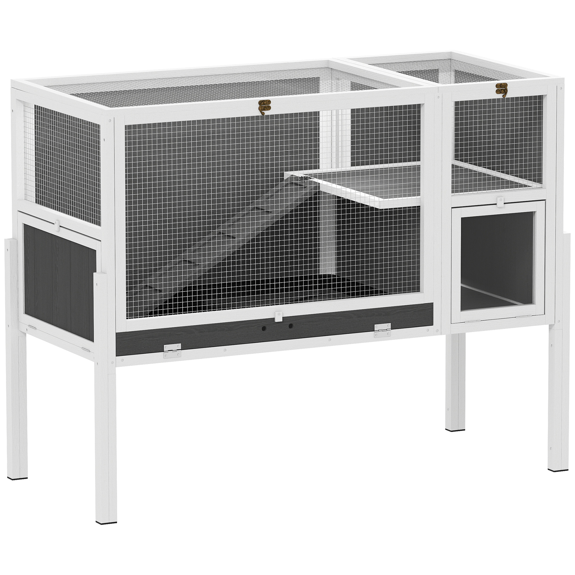 PawHut Hasenstall umbaubar Kaninchenstall aus Holz mit Rampe 120 x 53 x 93 cm Kaninchenkäfig mit Eingängen, Ruheraum, für Meerschweinchen, Gerbils Grau Aosom