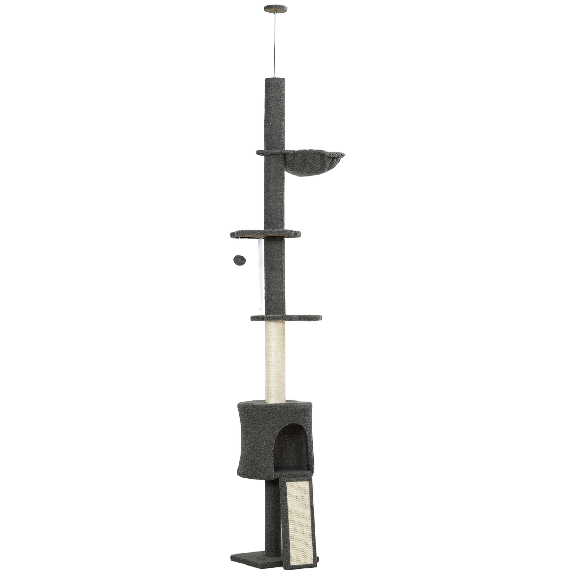 PawHut Kratzbaum Deckenhoch 200-240 cm höhenverstellbar Katzenbaum mit Hängematte, Höhle, Kratzstamm, Rampe, Sitzstangen, Katzenkratzbaum für Katzen unter 5 kg, Dunkelgrau   Aosom