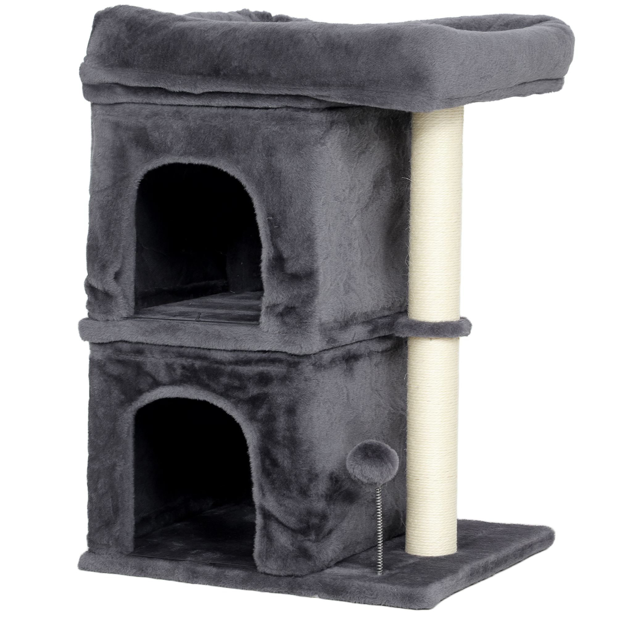 PawHut Kratzbaum klein, 66 cm hoch Katzenbaum mit 2 Höhlen, Sisal-Kratzstamm, Spielball, Katzenkratzbaum mit Plüsch, für Katzen unter 7 kg, Dunkelgrau   Aosom