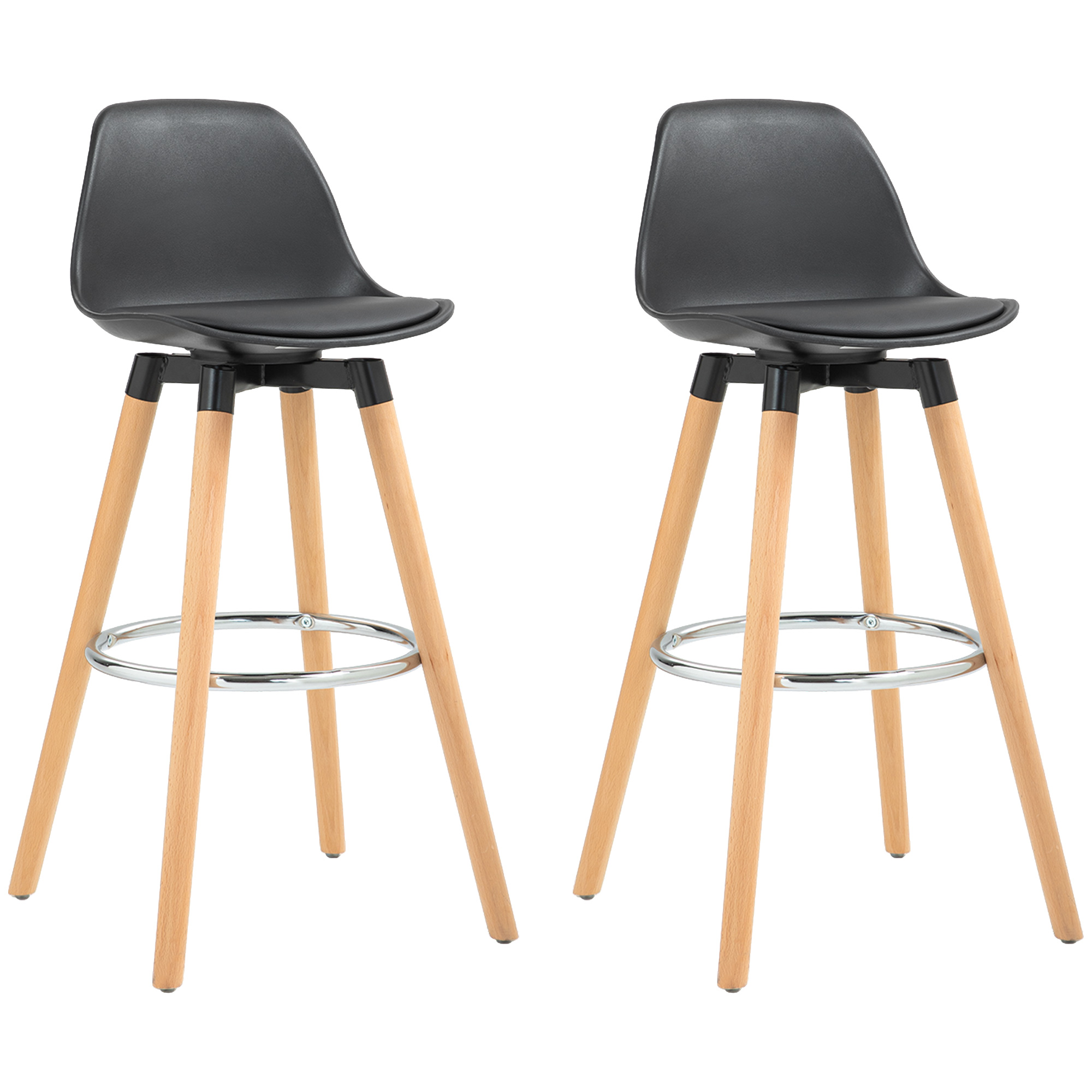 HOMCOM Barhocker 2er Set, Gepolstert Barstuhl mit Holzbeine und Rückenlehne, Küchenstühle mit Fußstütze aus Stahl, Tresenhocker für Küche, Wohnzimmer, Esszimmer, Kunstleder, Schwarz Aosom
