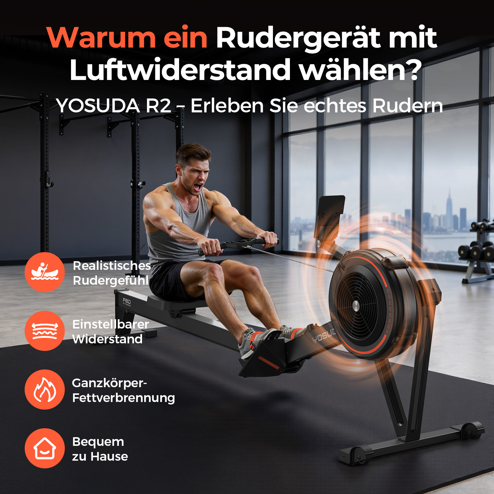 YOSUDA R2 Air Resistance Rudergerät, LCD-Display, für 150-210cm Körpergröße, 158kg Belastbarkeit, klappbar, Bluetooth APP, leise für Zuhause