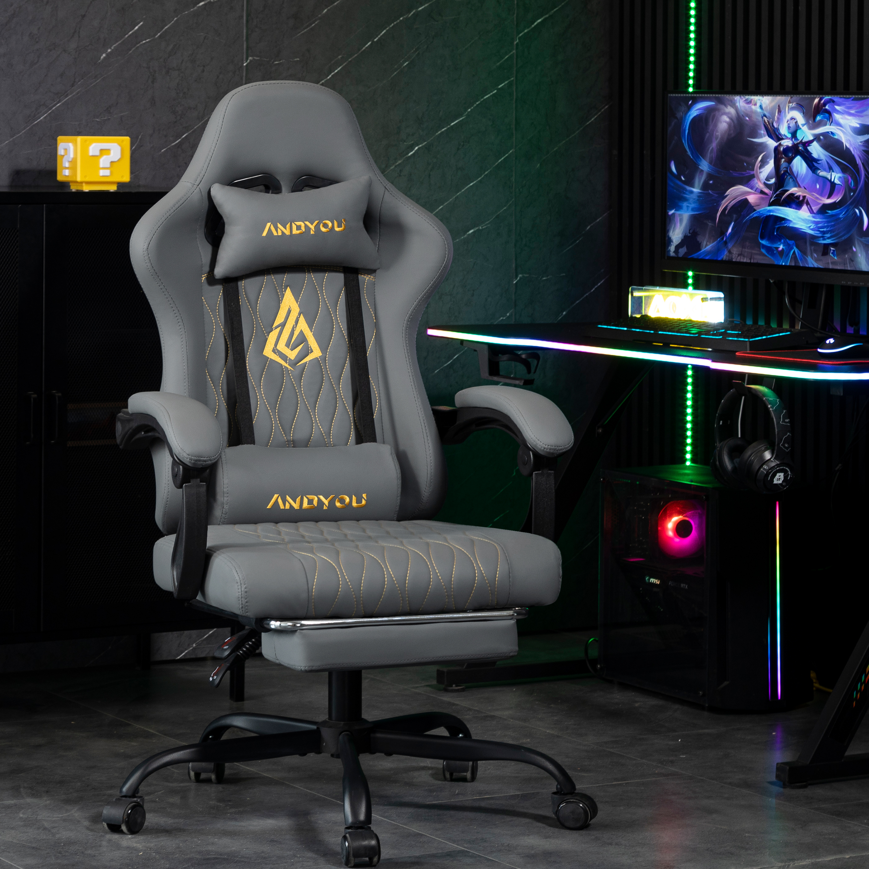ANDYOU Series Gaming Chair with Footrest – Ergonomic PU Leather Computer Chair, Grey