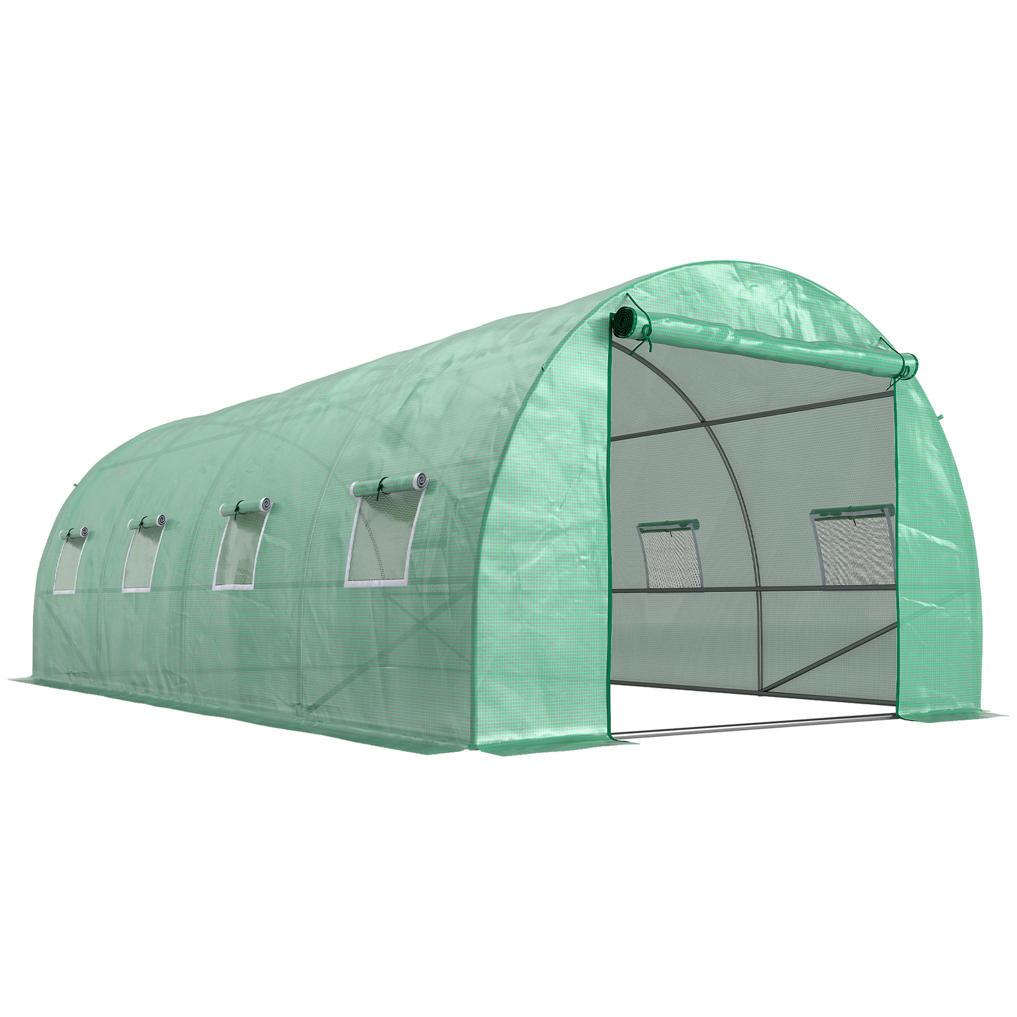 Outsunny Gewächshaus ca. 6 x 3 x 2 m Foliengewächshaus mit 8 Fenster, Rolltür, Aufrollbar Seitenwänden, UV-beständiger Folientunnel, Winterfest Tomatenhaus mit Erdanker, Grün   Aosom