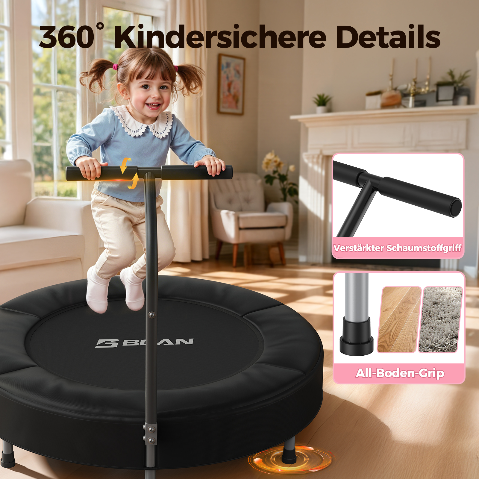 BCAN 91 cm Kinder-Trampolin, ASTM-zertifiziert – Kindertrampolin für Alter 1-6, Schaumstoffgriff & sichere verdickte Abdeckung, Mini-Trampolin für Kinder Indoor, einfach zu montieren