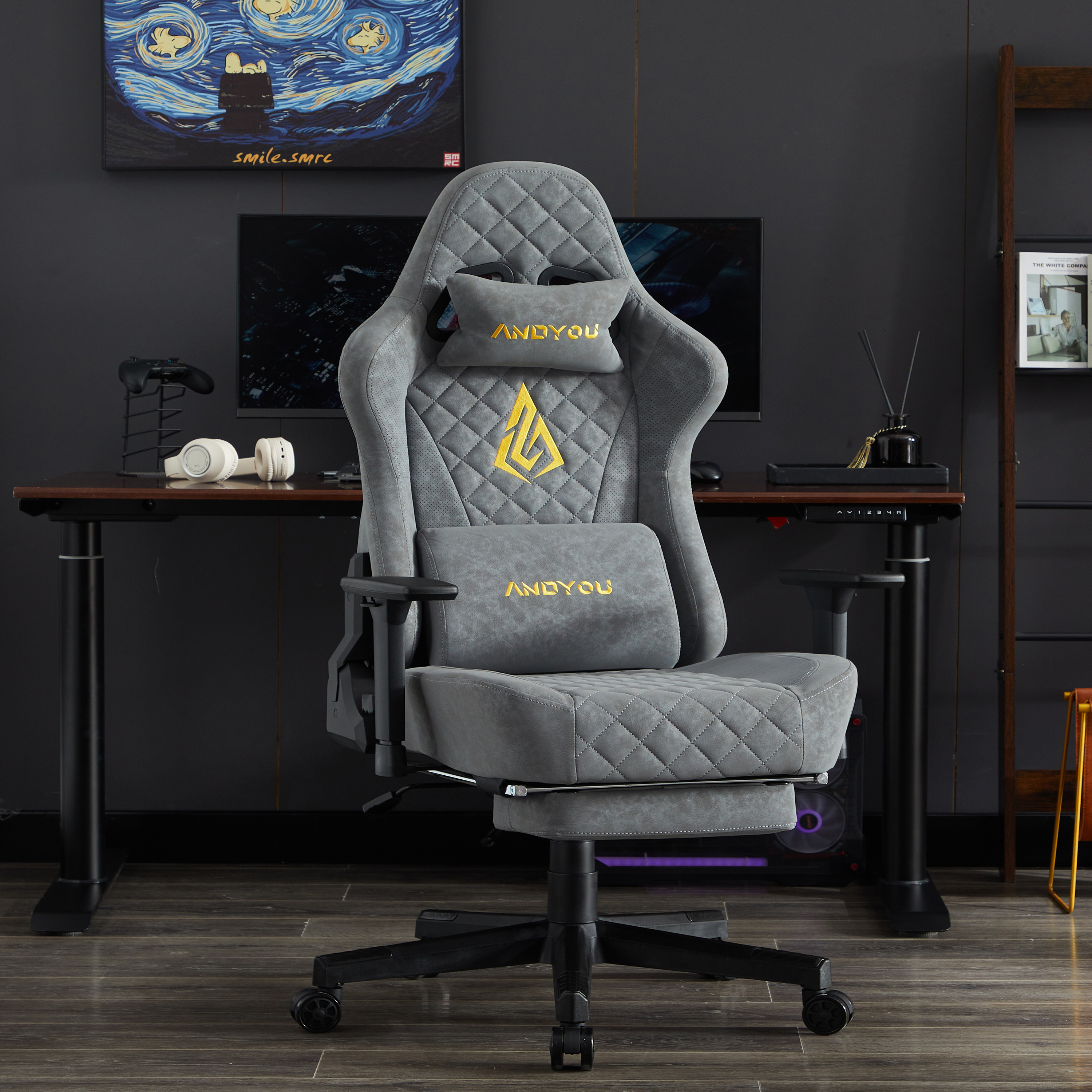 ANDYOU Vintage PU Leather Ergonomic Gaming Chair.Grey