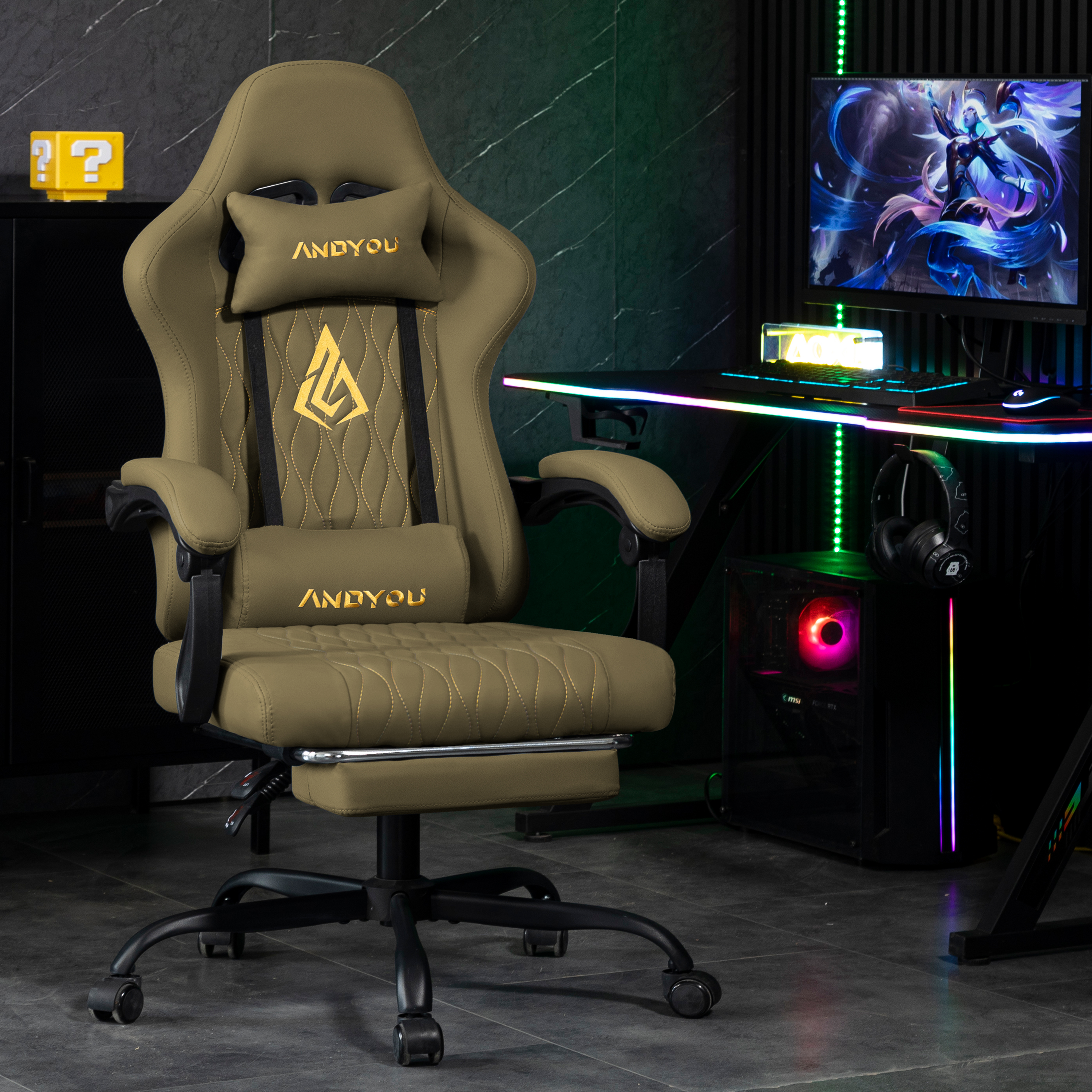 ANDYOU Series Gaming Chair with Footrest – Ergonomic PU Leather Computer Chair, GREEN