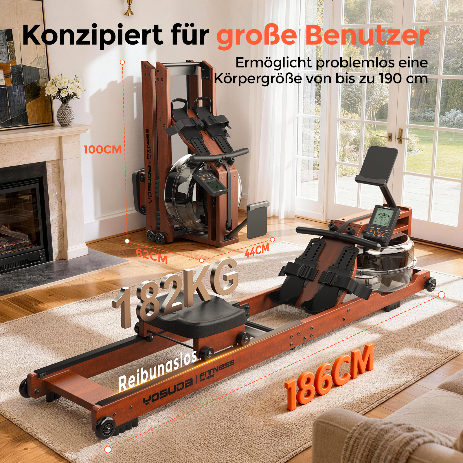 YOSUDA 2025 Neu Rudergerät Wasser, Rudergerät für Zuhause Klappbar Holz mit Bluetooth Display & Verstellbarer Handy-Halter, max. 190cm/182kg, ultraleise Rudermaschine, Massivholz waterrower