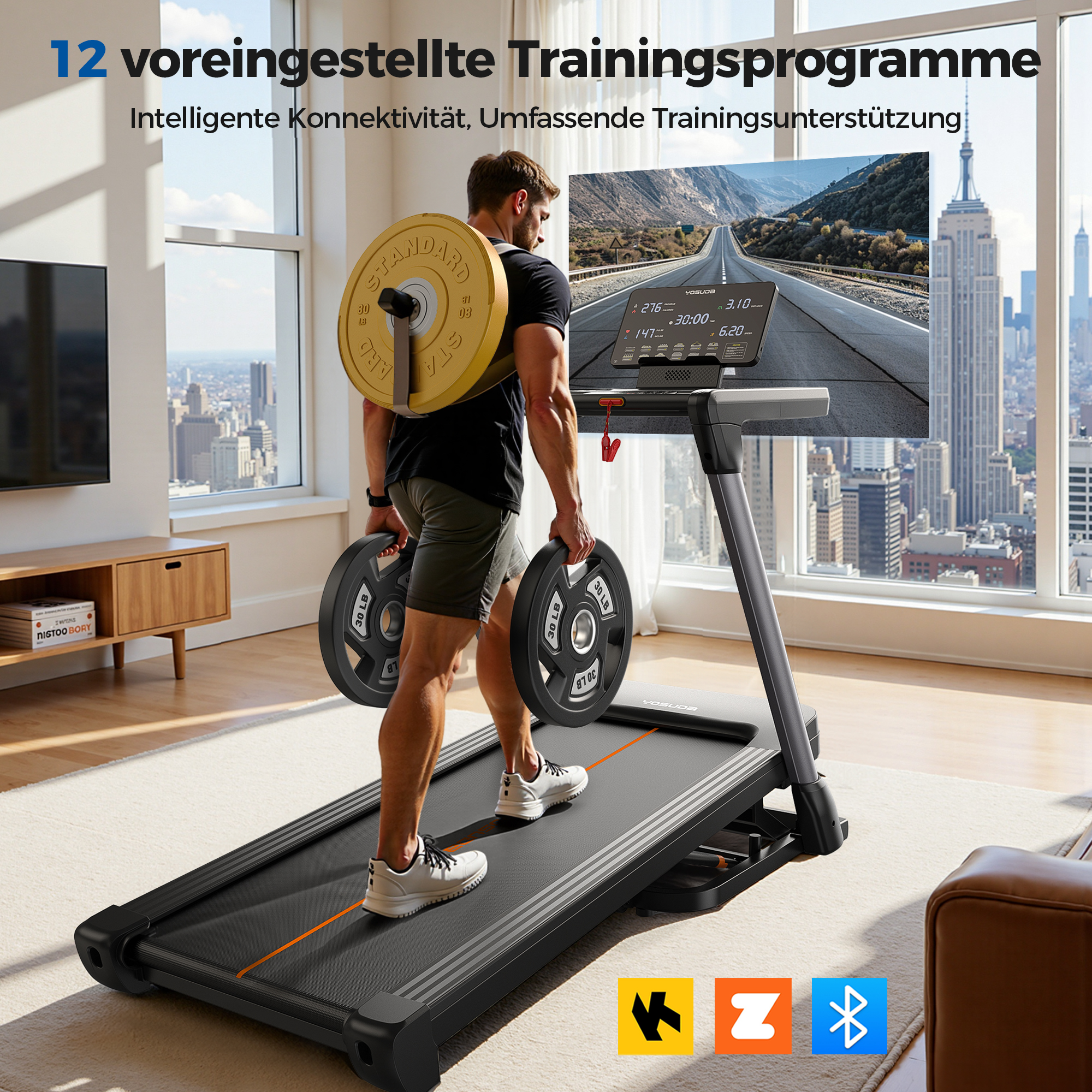 YOSUDA Zusammenklappbares Laufband 1-14km/h   18% Steigung, 172kg, HD-Display, Bluetooth & App