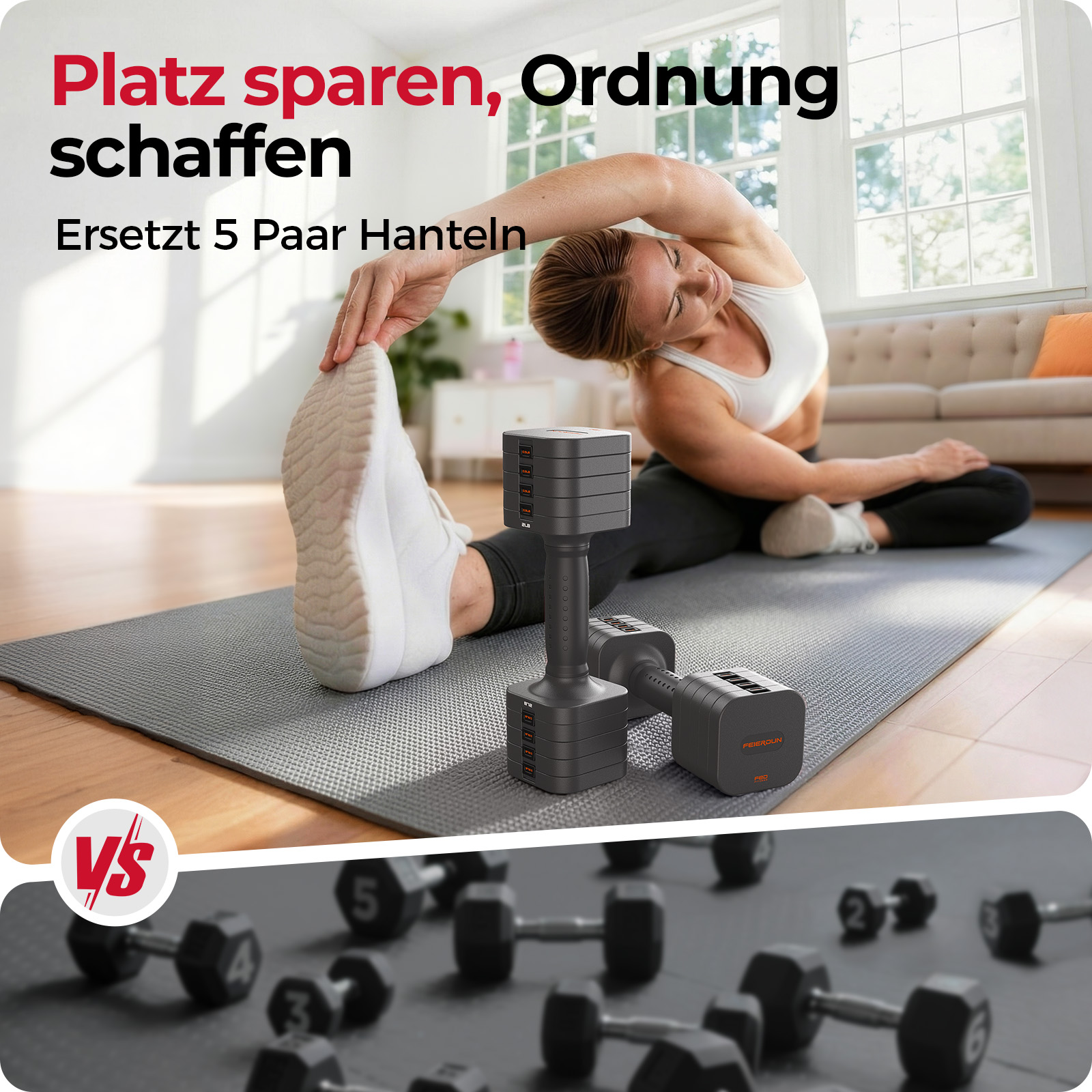 FEIERDUN 5-in-1 verstellbares Kurzhantelset (2 Stück), 5,4 kg Hanteln für Damen und Herren, 1s-einstellbares, besonders stabiles Kurzhantelset für das Heim-Fitnessstudio und den Außenbereich