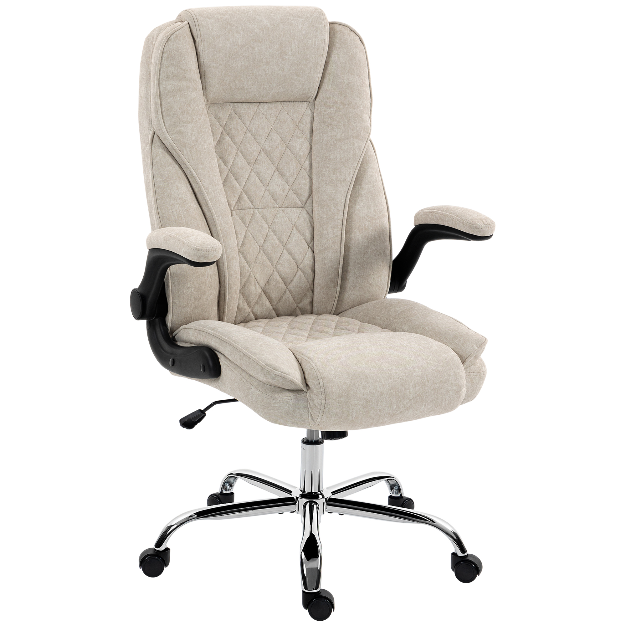 HOMCOM Bürostuhl, ergonomischer Bürostuhl mit großer gepolsterter Sitzfläche, höhenverstellbar, hochklappbare Armlehnen, hohe Rückenlehne, 360° drehbar, Veloursstoff, Belastbarkeit 120 kg, beige Aosom