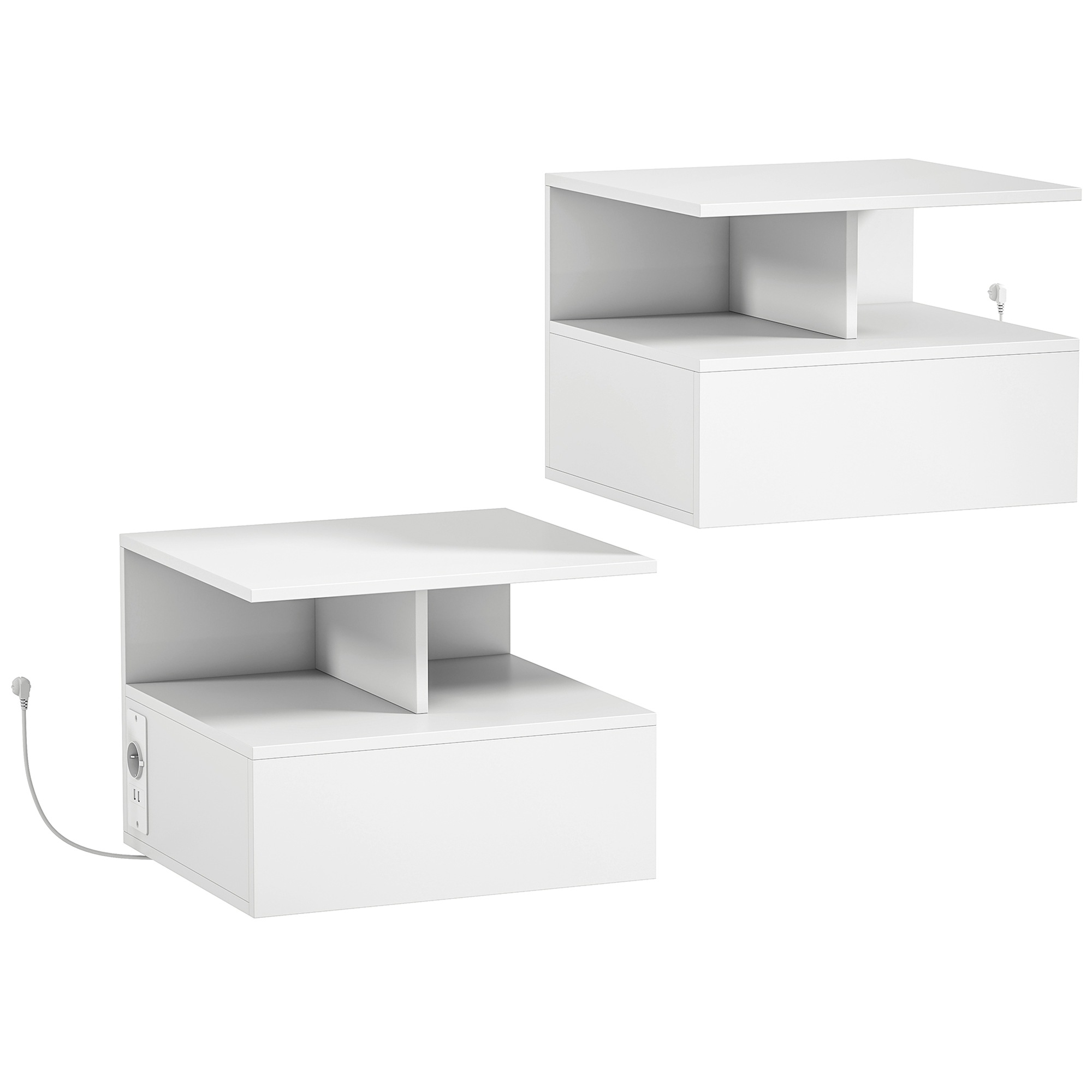 HOMCOM 2er-Set hängende Nachttische für Schlafzimmer mit Ladestation, platzsparendes modernes Nachttisch-Paar mit Schublade und offenem Fach, Nachttische für Schlafzimmer, 40x35x30 cm, Weiß   Aosom