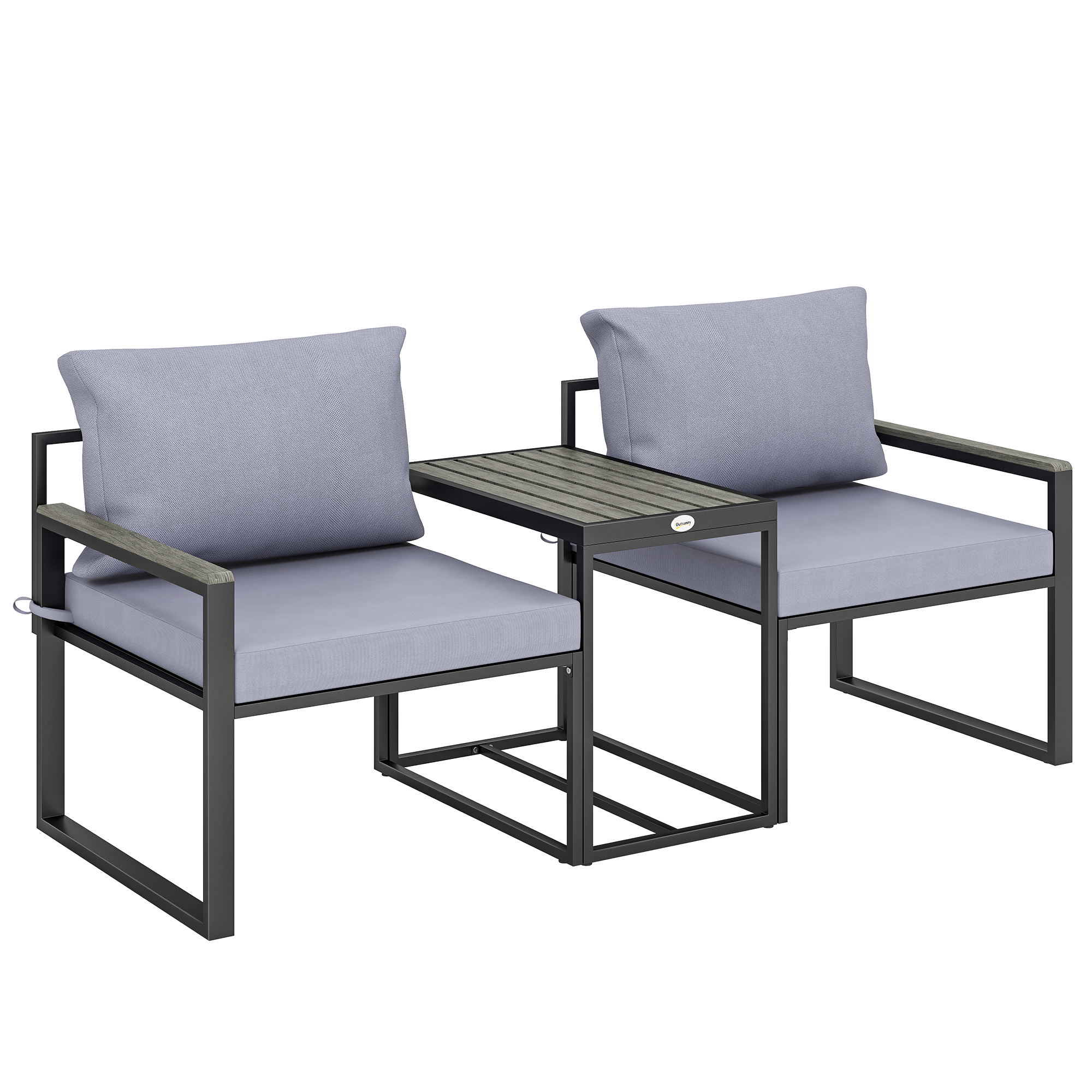Outsunny 3-teiliges Balkonmöbel Set 2 Sessel mit Tisch abnehmbar Sitz-& Rückenkissen atmungsaktiv Bezug, Garten Bistro Set Gartenmöbel aus Stahl, Outdoor Sitzgruppe für Garten Terrasse Grau Aosom