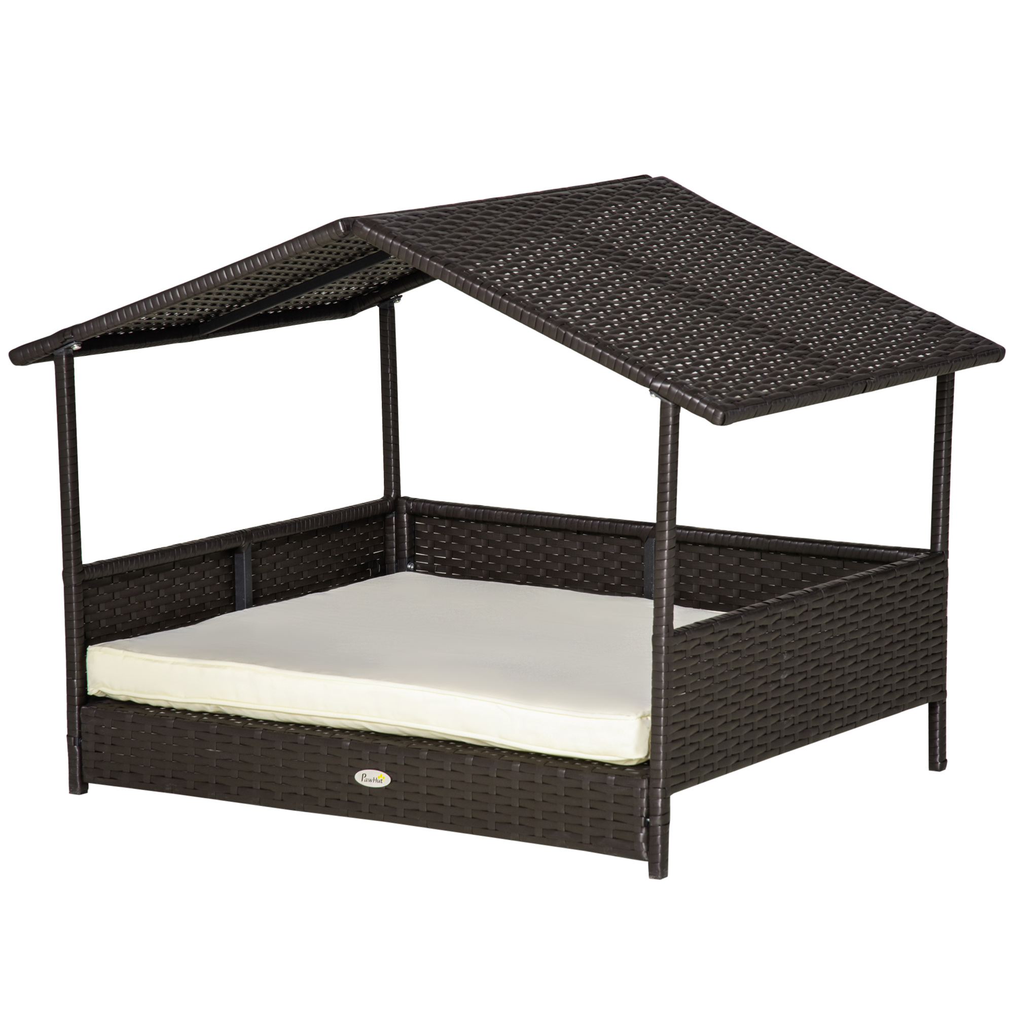 PawHut Rattan Hundehaus mit Kissen 98 x 69 x 73 cm Hundebett im Hausformat Outdoor Hundehütte aus Stahlrahmen PP Kaffee-Braun Aosom.de