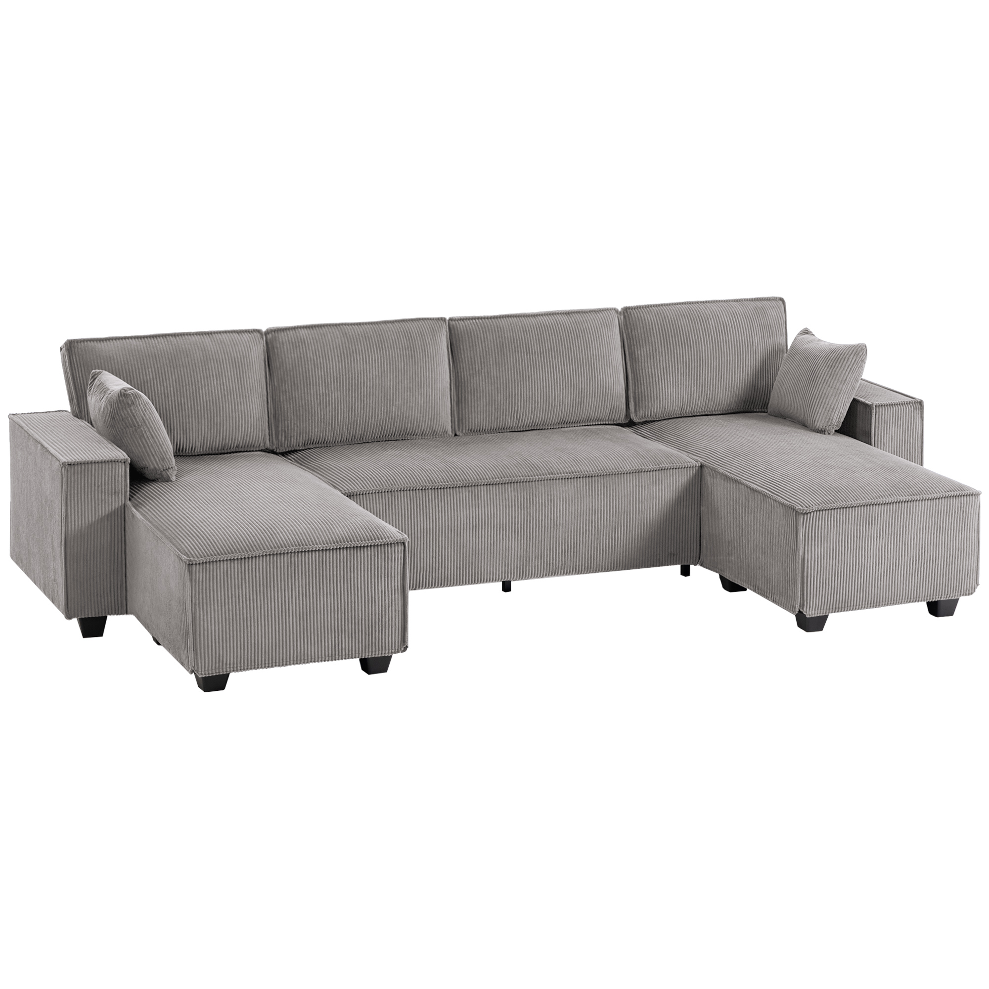 HOMCOM Ecksofa 311 cm mit Doppel-Chaiselongues, U-förmiges Sofa aus Cordstoff mit breitem und tiefem Sitz, Federkernkissen, breiten Armlehnen, 4-Sitzer Sofa für Wohnzimmer, Hellgrau Aosom