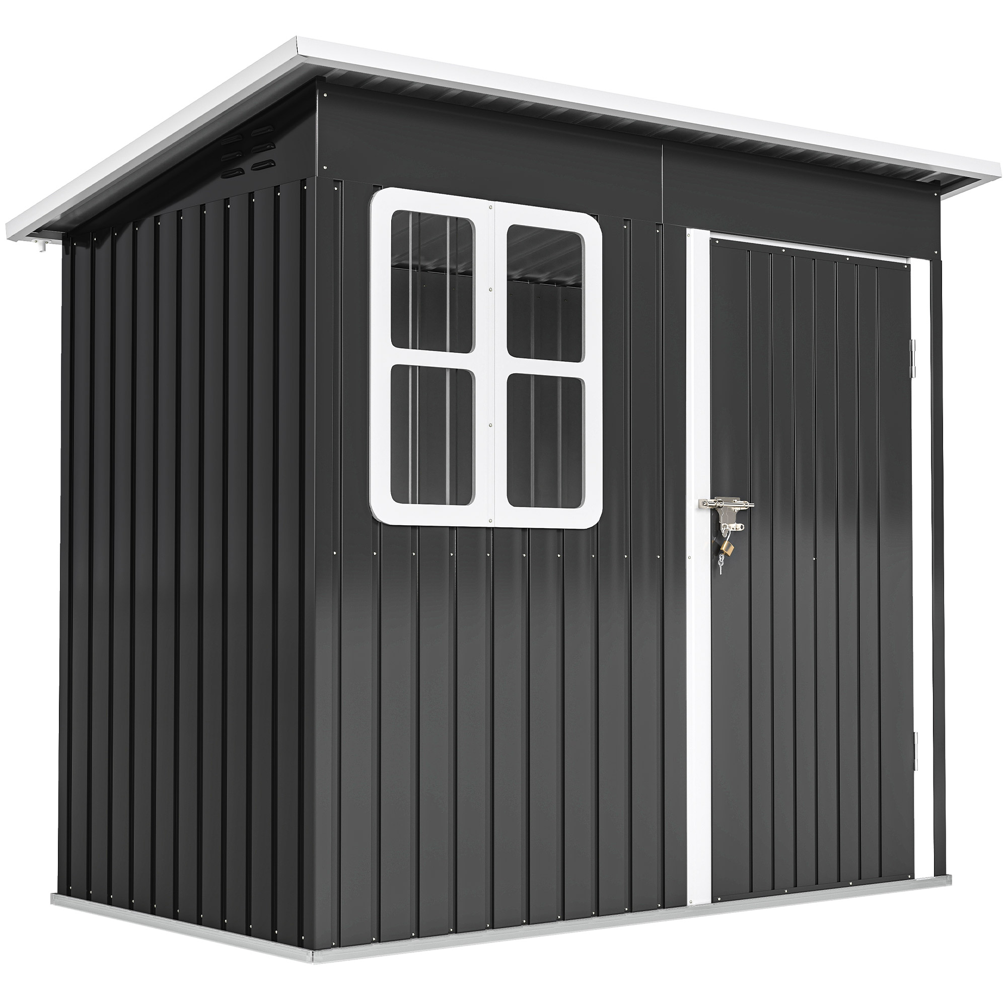 Outsunny Gerätehaus 2,55m², Gartenhaus mit Pultdach, 221 x 133 x 190/173 cm, Geräteschuppen mit Abschließbar Tür, Fenster, Fahrradgarage, Gartenschrank aus Stahl, für Hinterhof, Garten, Dunkelgrau   Aosom