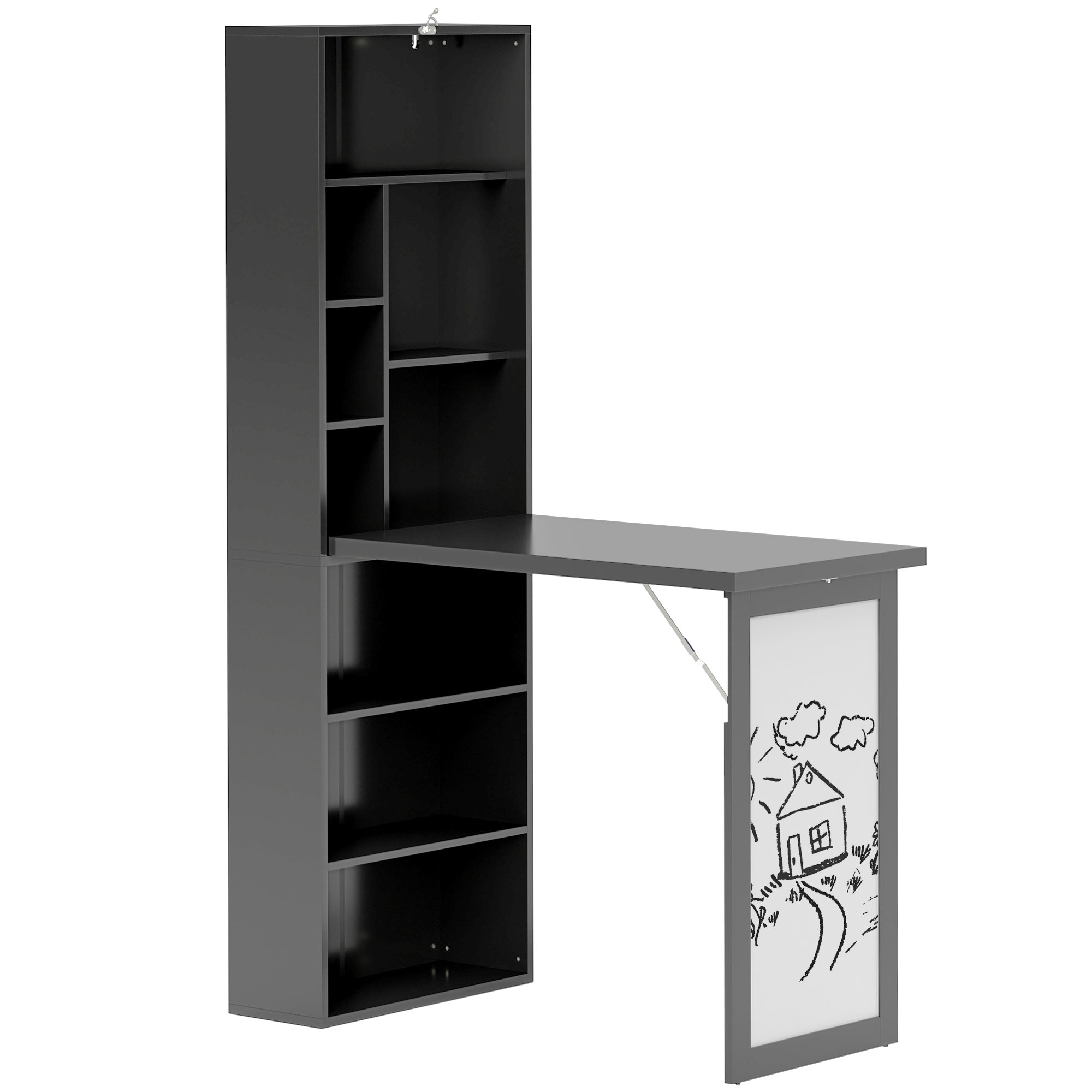 HOMCOM Schreibtisch mit Regal und weißer Tafel, platzsparender Klapptisch aus Kiefernholz, verstellbares Fach, 9 offene Fächer, Arbeitstisch für Büro und Studium, 98x51x153 cm, Schwarz Aosom