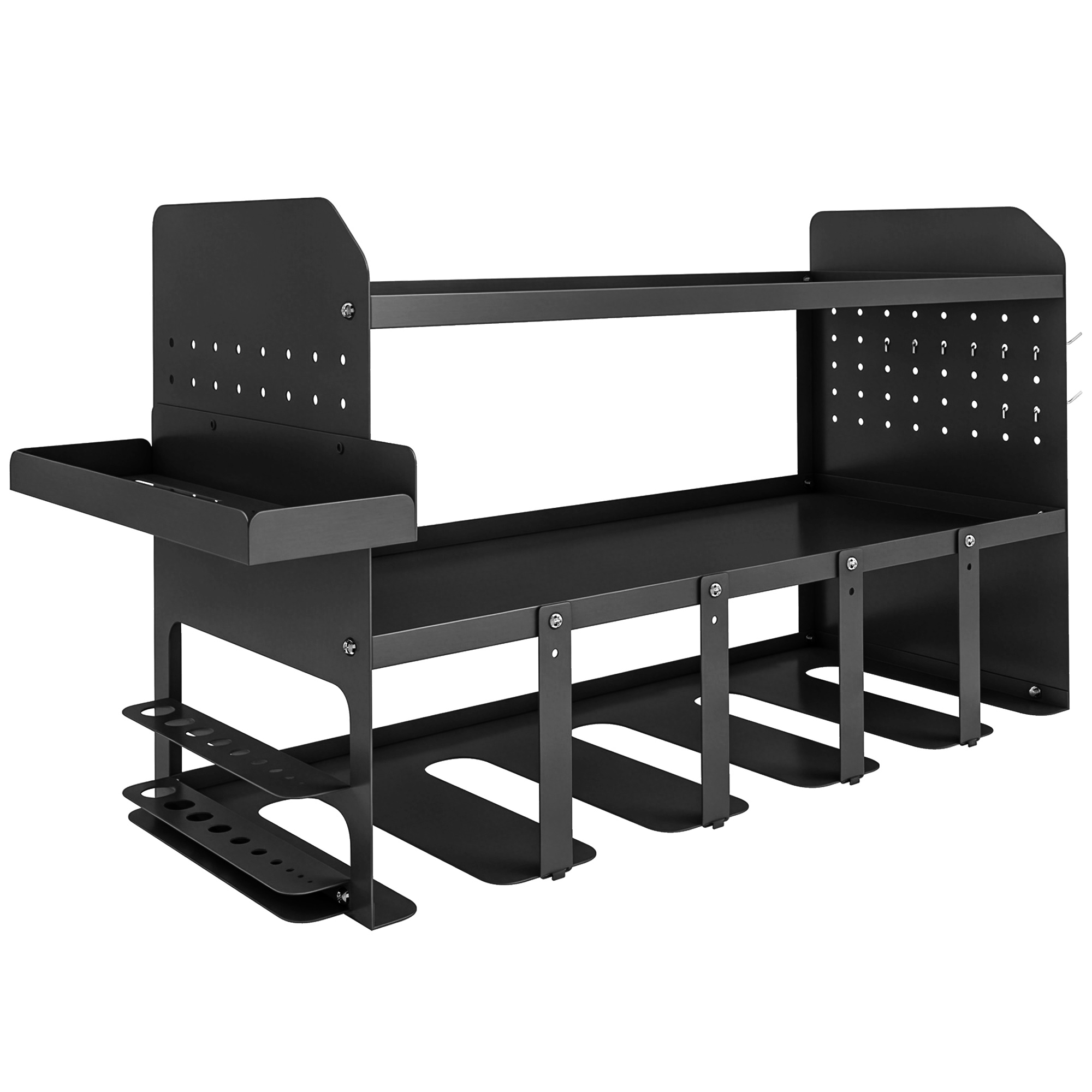 Outsunny Gartenwerkzeug-Organizer 2-stufig Gartengeräte Ständer mit Haken Seitenfach Gartenwerkzeugständer bis 50 kg Gerätehalter Mehrzweck Besenhalter für Garage, Schuppen 61,8 x 23 x 32,7cm Schwarz Aosom