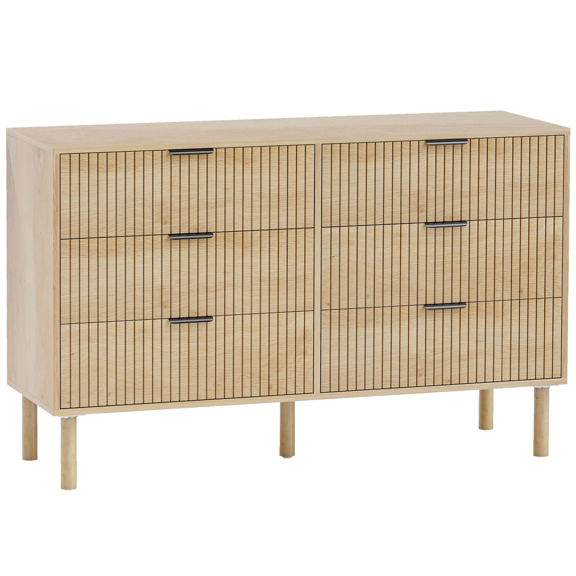 HOMCOM Kommode 6 Schubladen für Schlafzimmer, moderne Kommode mit Kiefernholzbeinen, platzsparende Kommode für Wohnzimmer, 120x39.5x75 cm, Eiche Aosom