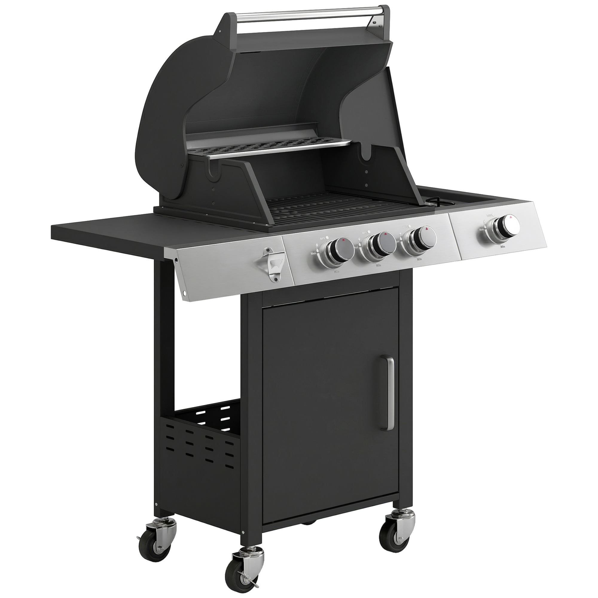 Outsunny Gasgrill 10,5 KW 3+1 Brenner BBQ Grillwagen Edelstahl inkl Seitenbrenner Flaschenöffner Thermometer Gusseisen-Grillrost Warmhalterost Rolle Seitentisch Unterschrank Gas-Grill für Balkon Party Aosom