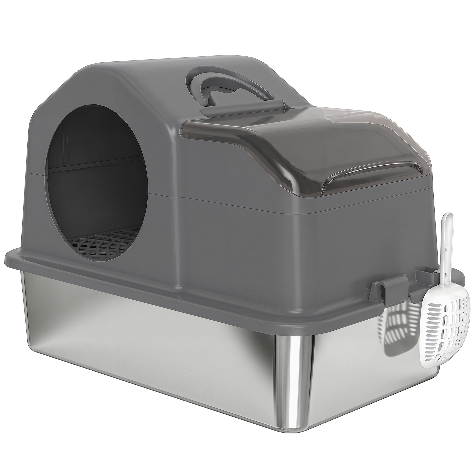 PawHut Geschlossene Katzentoilette XL aus Edelstahl mit Deckel, Katzentoilette 36L mit hohen Wänden, Schaufel, Streustoppmatte, 60.5x40.5x45 cm, Dunkelgrau   Aosom