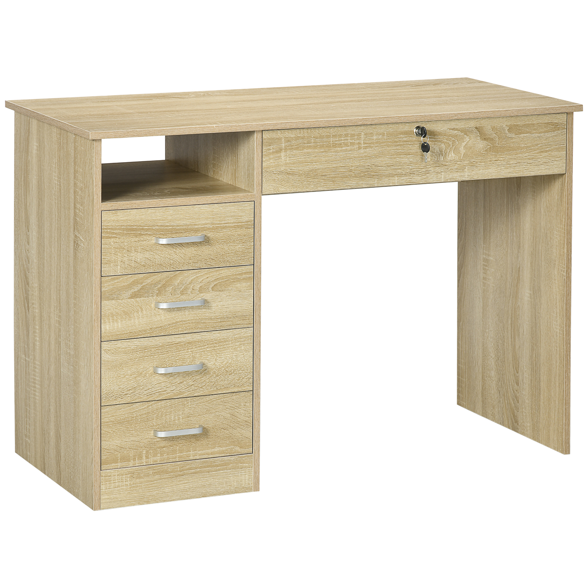 HOMCOM Schreibtisch für Büro mit 5 Schubladen und 2 Schlüsseln, moderner platzsparender Schreibtisch mit offenem Fach, Computertisch, Zuhause Büro Studio Schlafzimmer, 110x50x76cm, Eiche Aosom