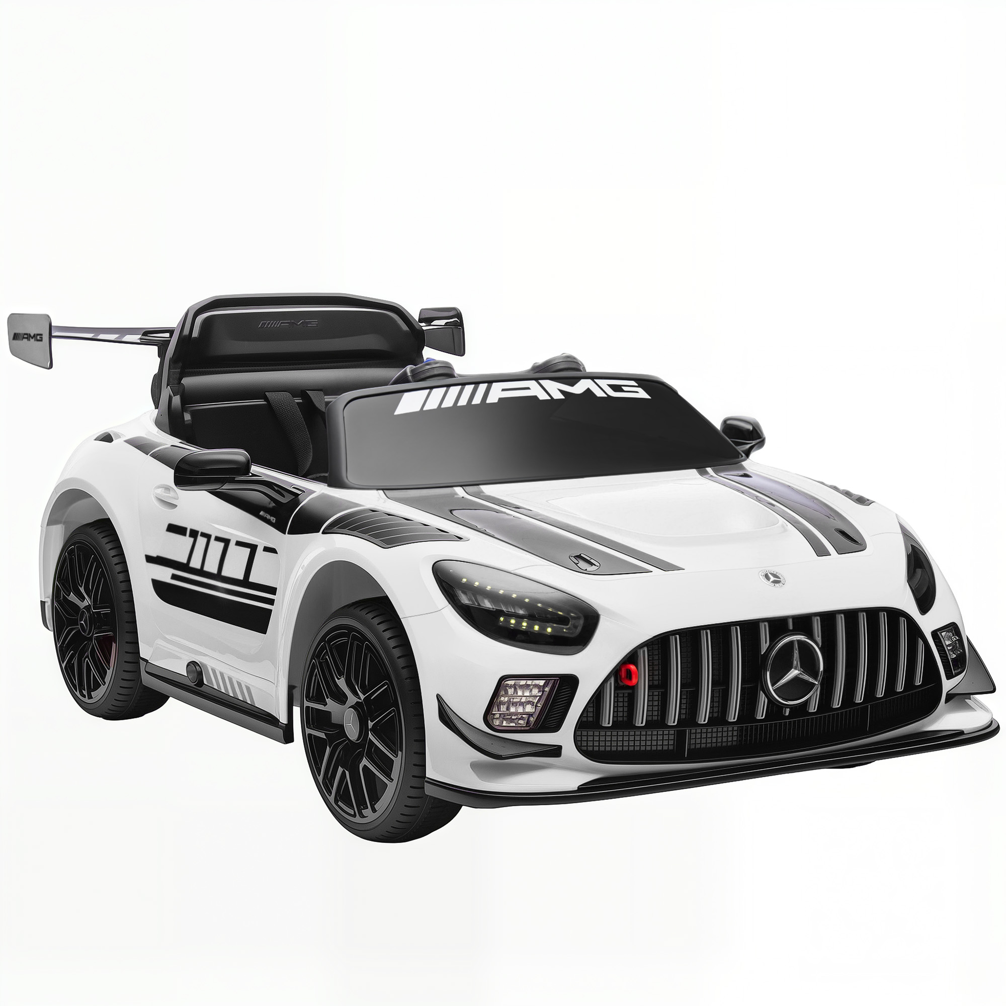 AIYAPLAY Kinder Elektroauto Mercedes-AMG, 12V Kinderauto mit 2,4GHz Fernbedienung, 2 Motor, kabelloser Musik Kinderfahrzeug mit LED-Leuchte Hupe Sanftstart Stützrädern Zugstange für 3-8 Jahre Weiß Aosom