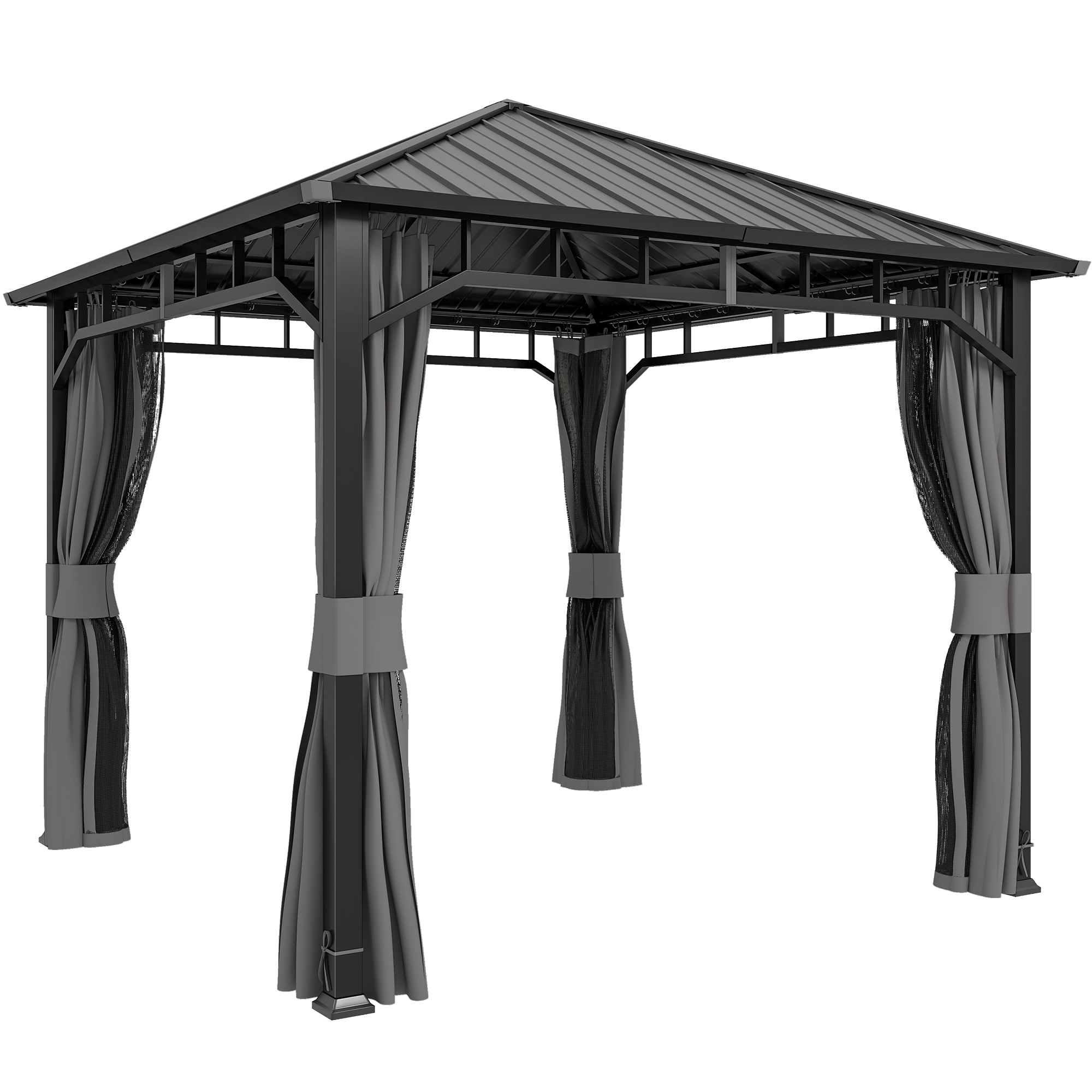 Outsunny Pavillon 3 x 3 m Wasserdicht Stabil Winterfest Gartenpavillon mit Seitenteile Moskitonetz Haken Hardtop, Garten Pavillon aus verzinktem Metall, Partyzelt für Garten, Terrasse, Dunkelgrau   Aosom