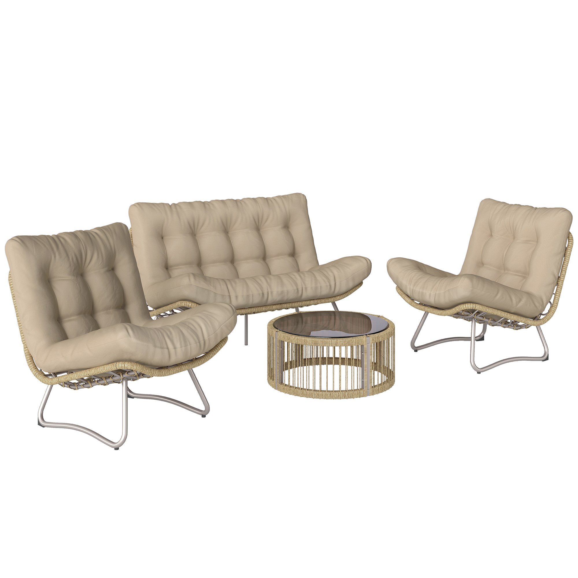 Outsunny Gartenmöbel Set 4-teilig Polyrattan Lounge-Set mit Zweisitzer 2 Sessel Glastisch Breitem & Tiefem Sitz Dicke Kissen, modular Balkonmöbel für 4 Personen Sitzgruppe für Garten Balkon Braun Aosom